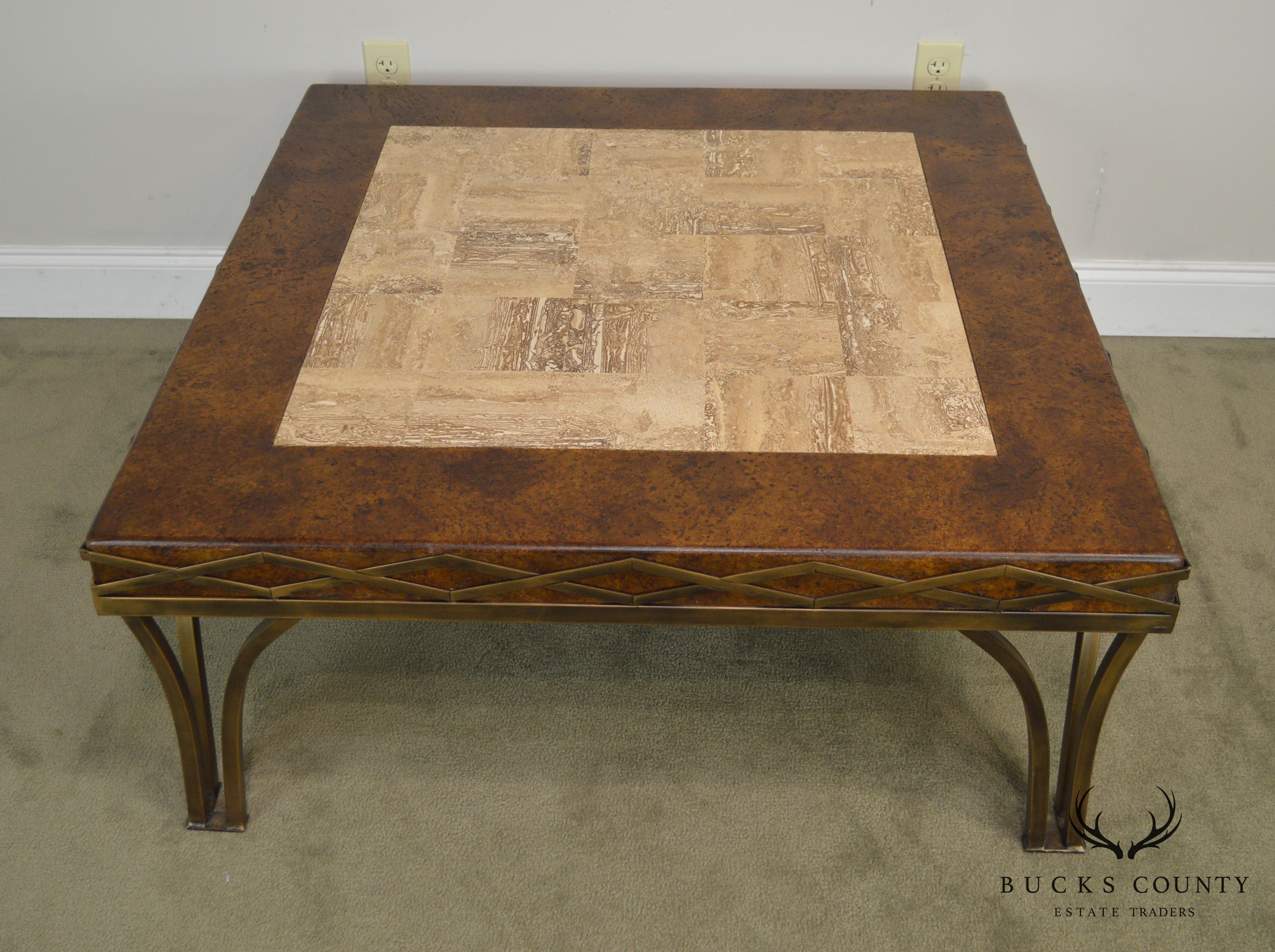 Iron Square Coffee Table with Cork & Tessellated Travertine Top