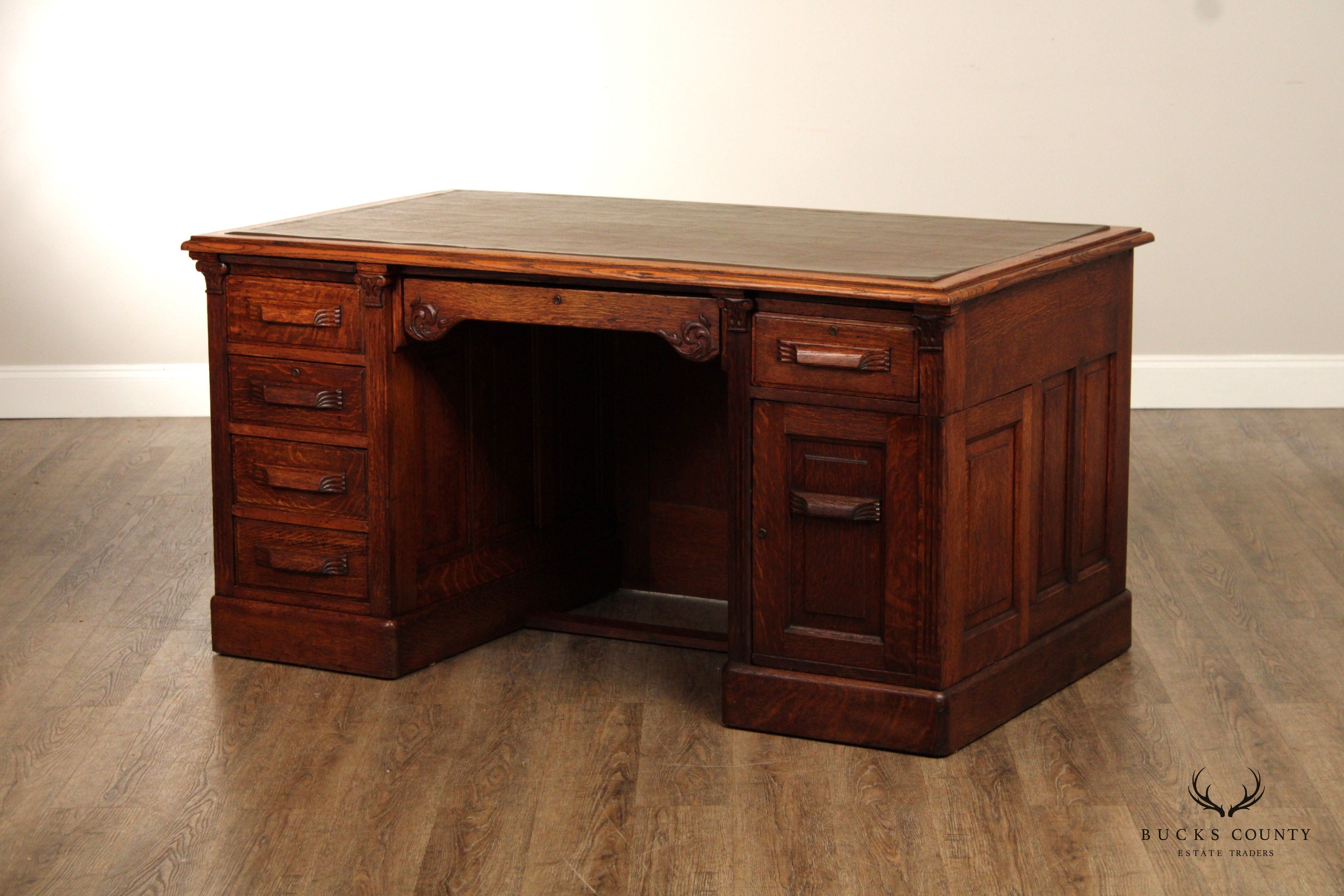 Antique Victorian Oak Wooten Style Executive Pedestal Desk