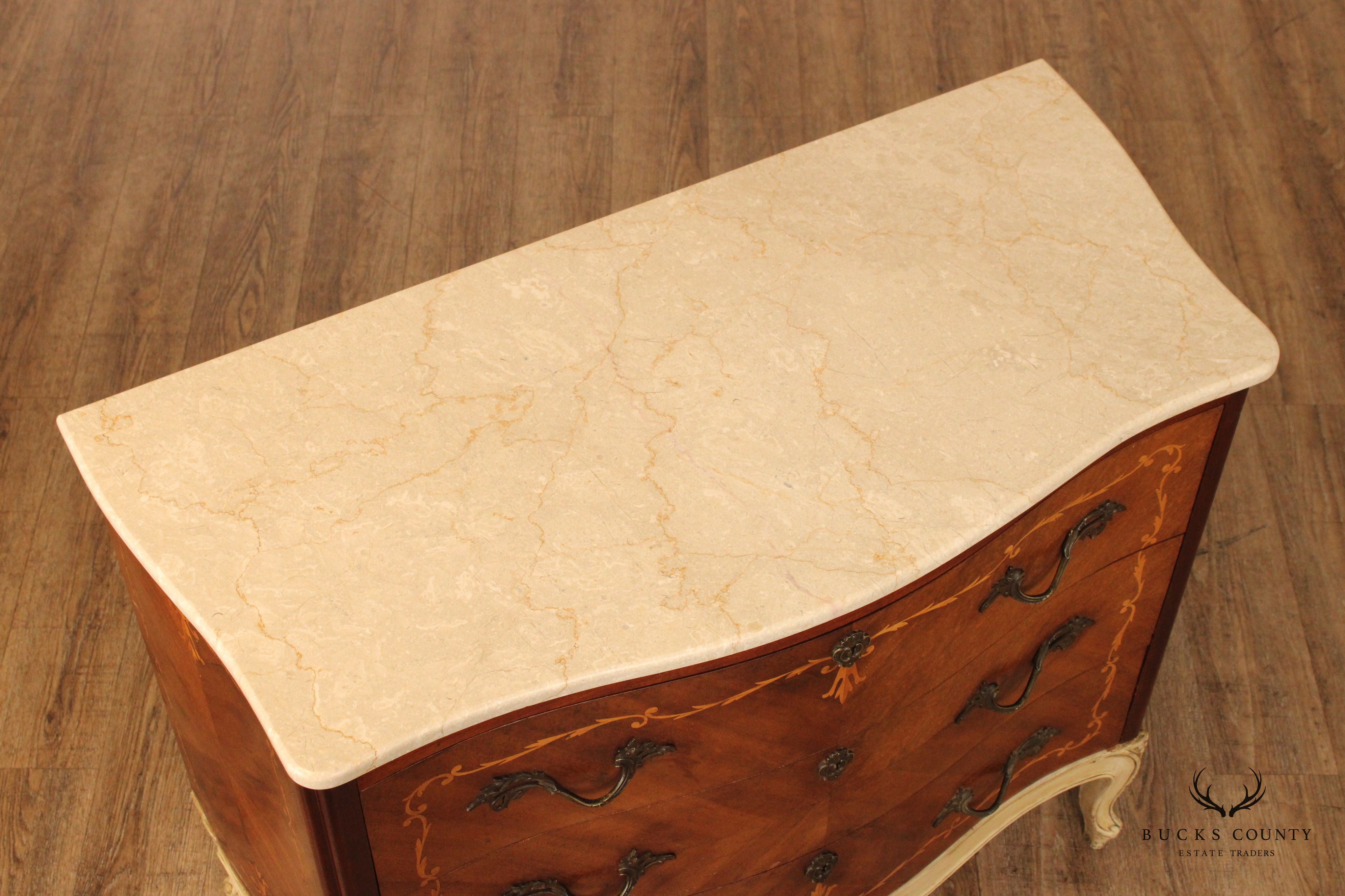 1920's French Marquetry Inlaid Marble Top Chest of Drawers