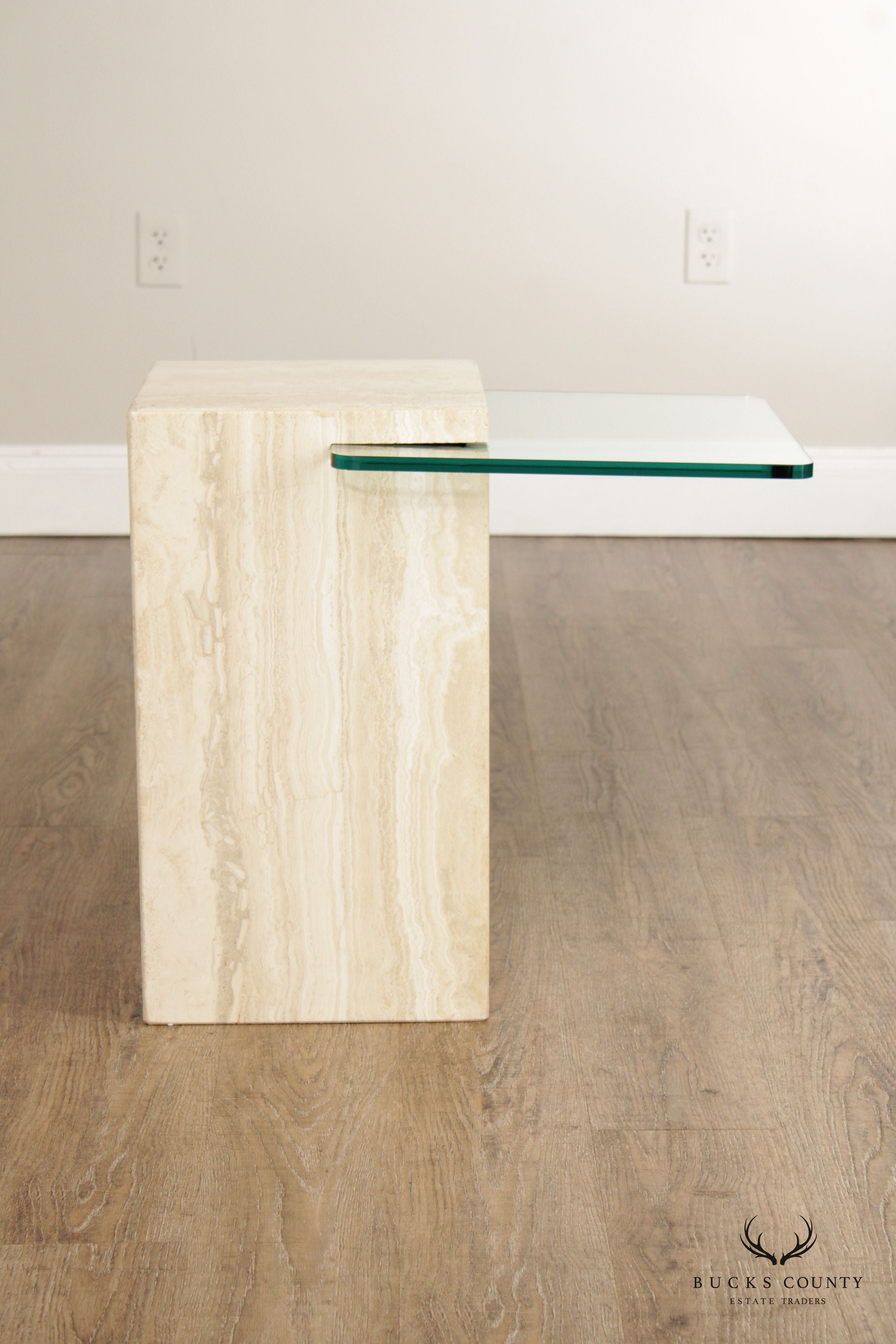 Post Modern Cantilevered Glass and Travertine Side Table