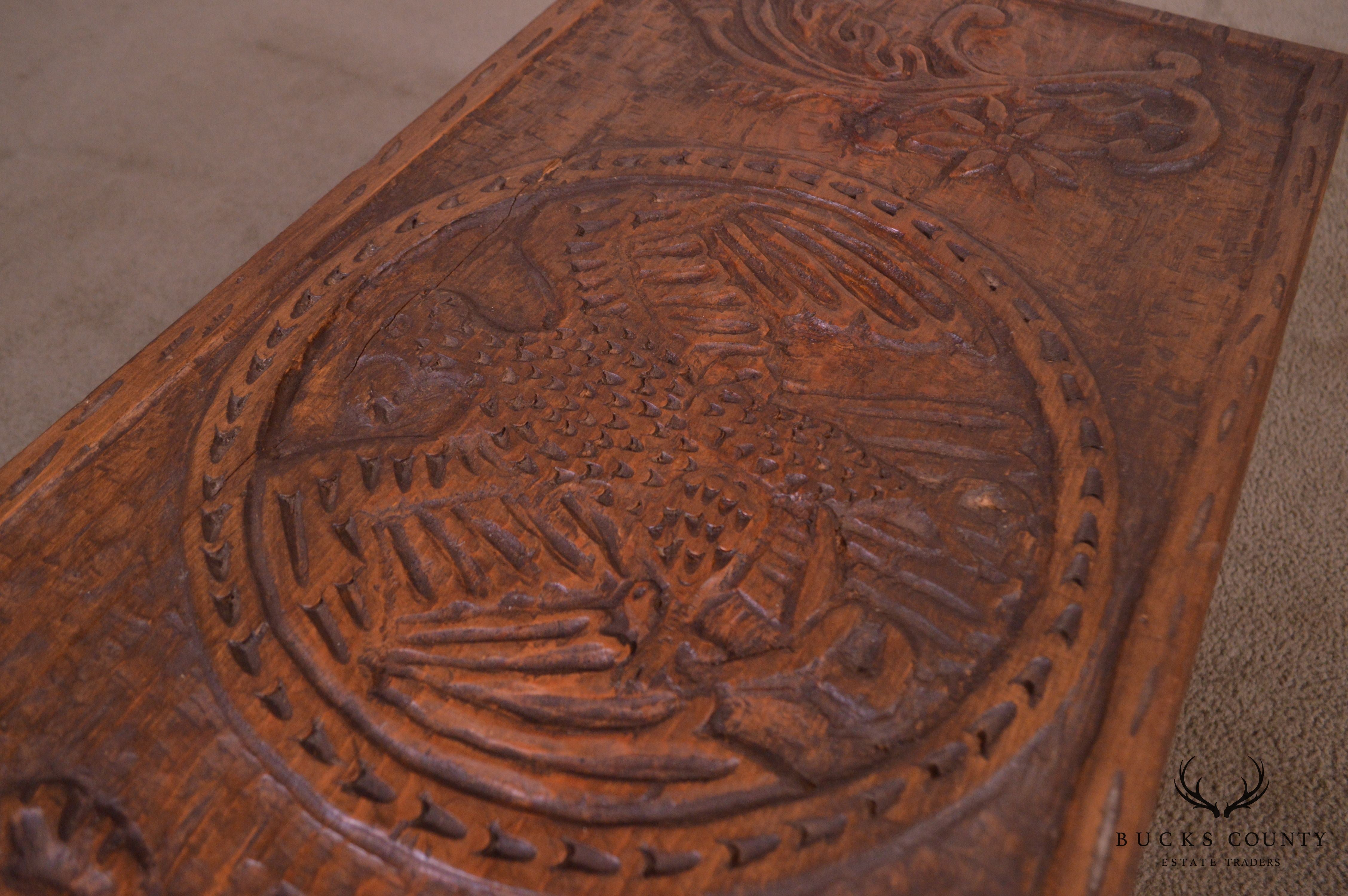 Antique Hand Carved Wood Chest with Eagle