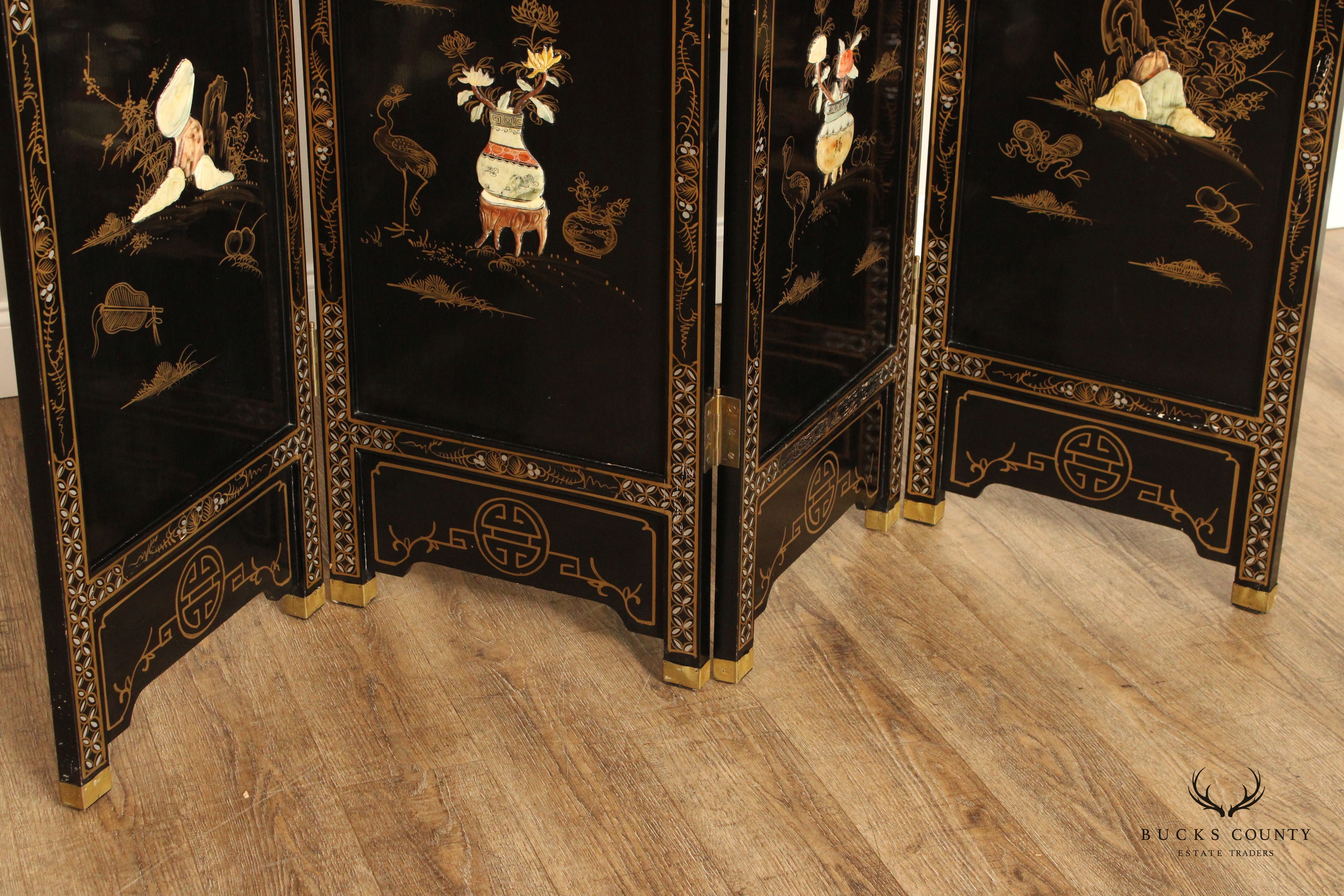 Asian Decorated Black Lacquer Four-Panel Folding Screen