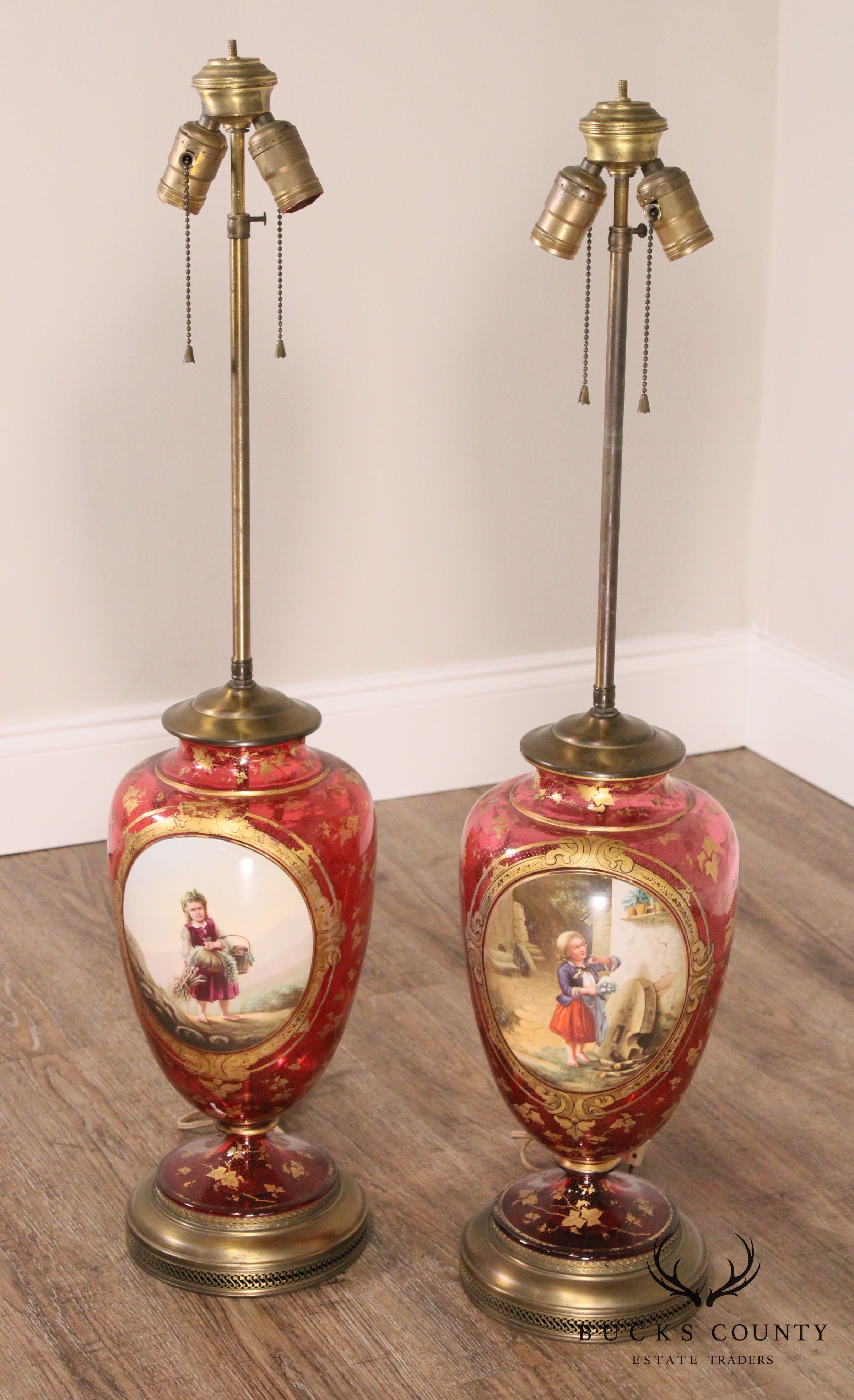 Pair Large Bohemian Red Glass Vase Lamps Overlaid with Gilt Ivy and Decoration