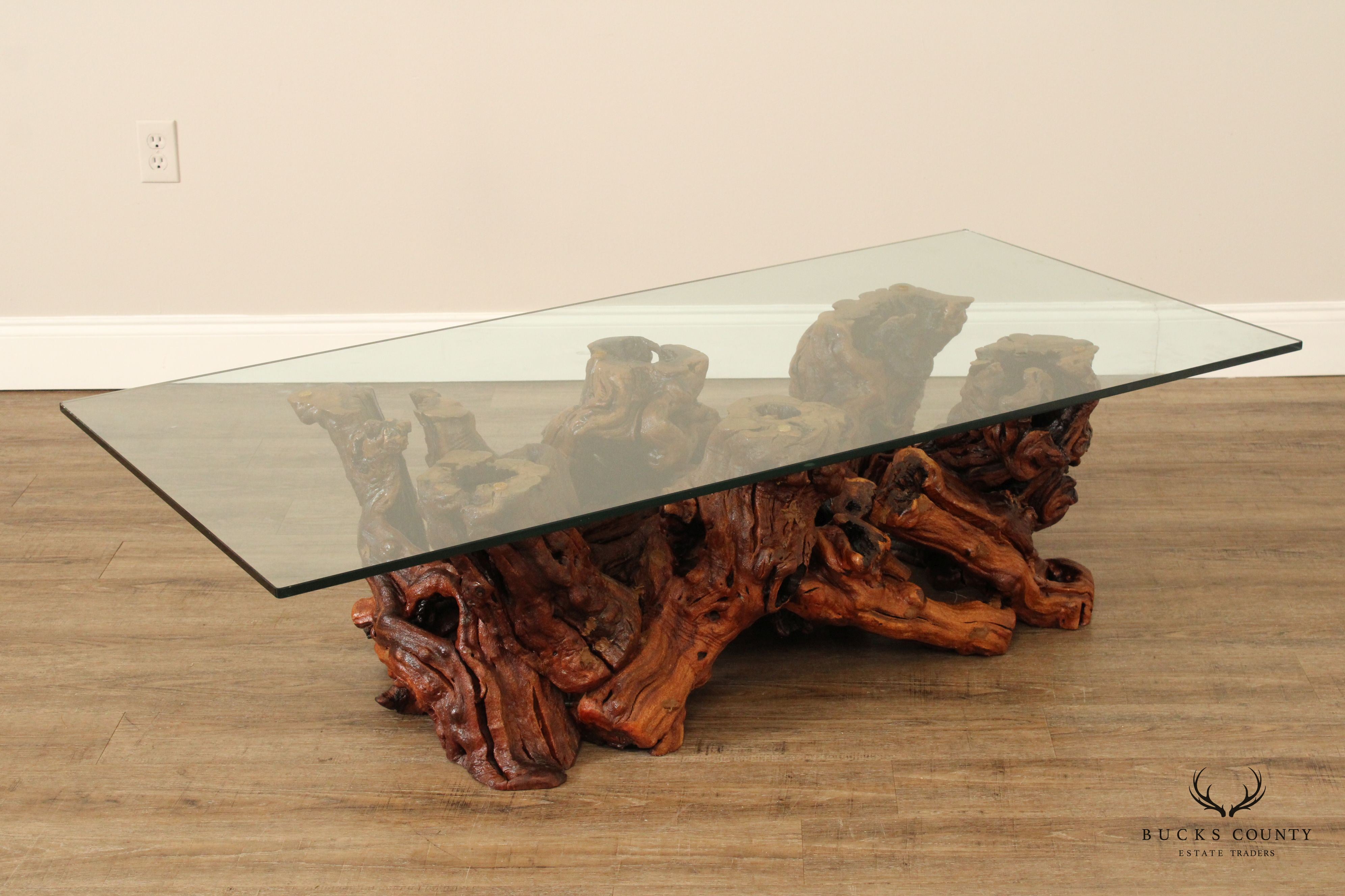 VINTAGE ROOT WOOD BASE GLASS TOP COFFEE TABLE