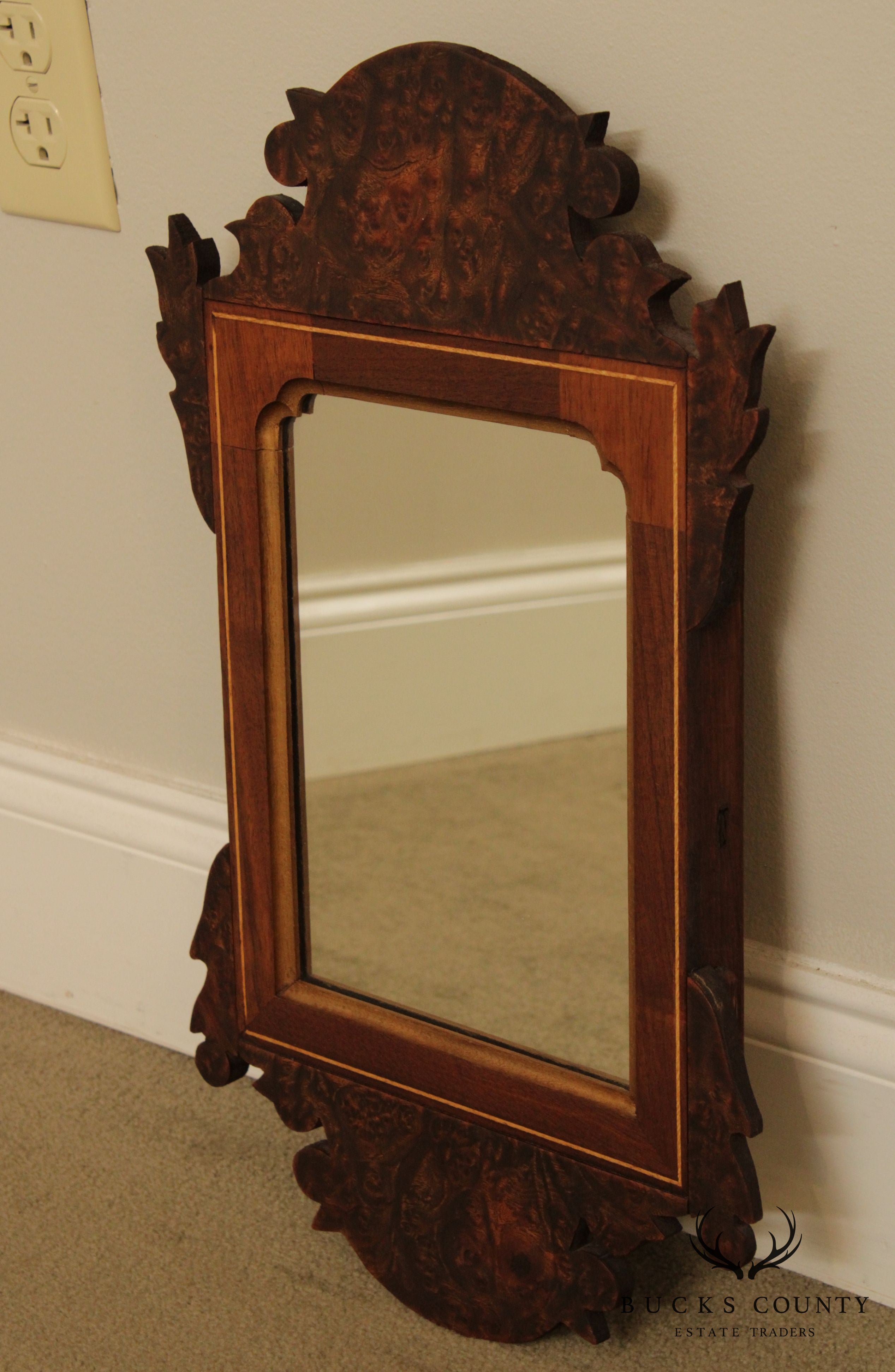 Chippendale Style Hand Crafted Mahogany & Burl Wood Pair Small Mirrors