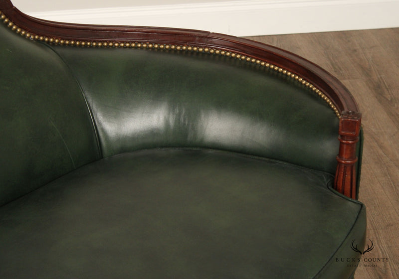 REGENCY STYLE 1930' VINTAGE CARVED MAHOGANY GREEN LEATHER SOFA