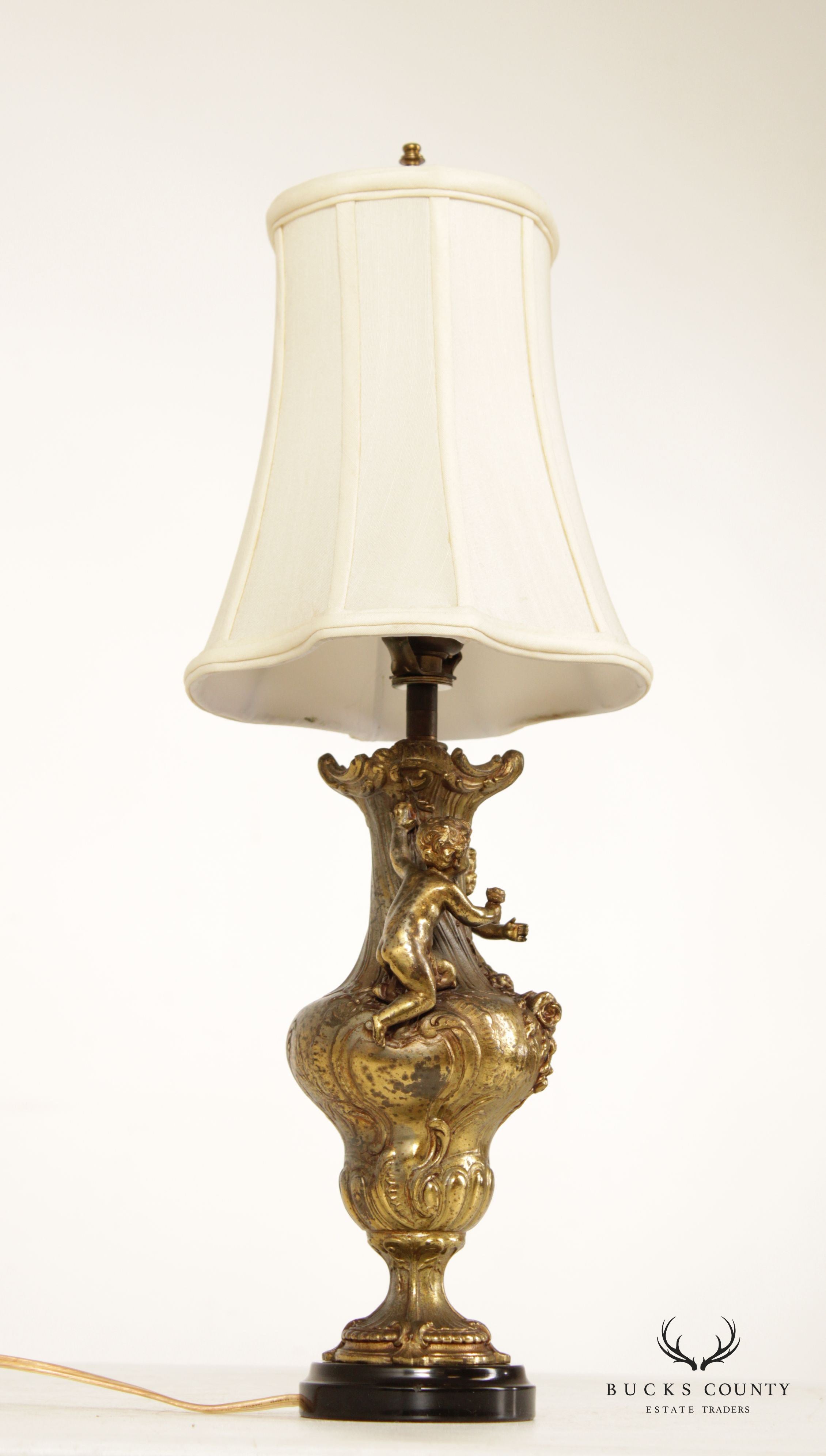 French Rococo Style Gilt Putti Table Lamp with Silk Shade