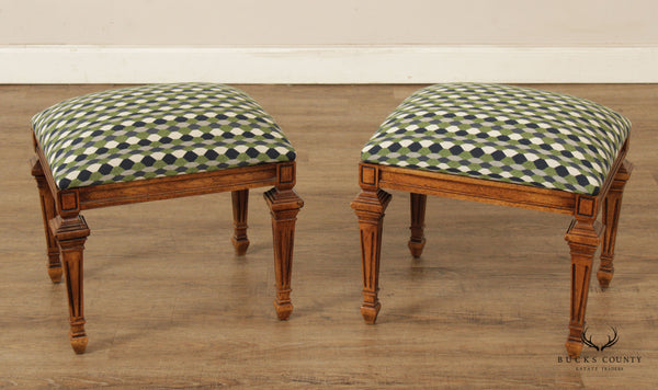 French Louis XVI Style Pair Upholstered Walnut Stools