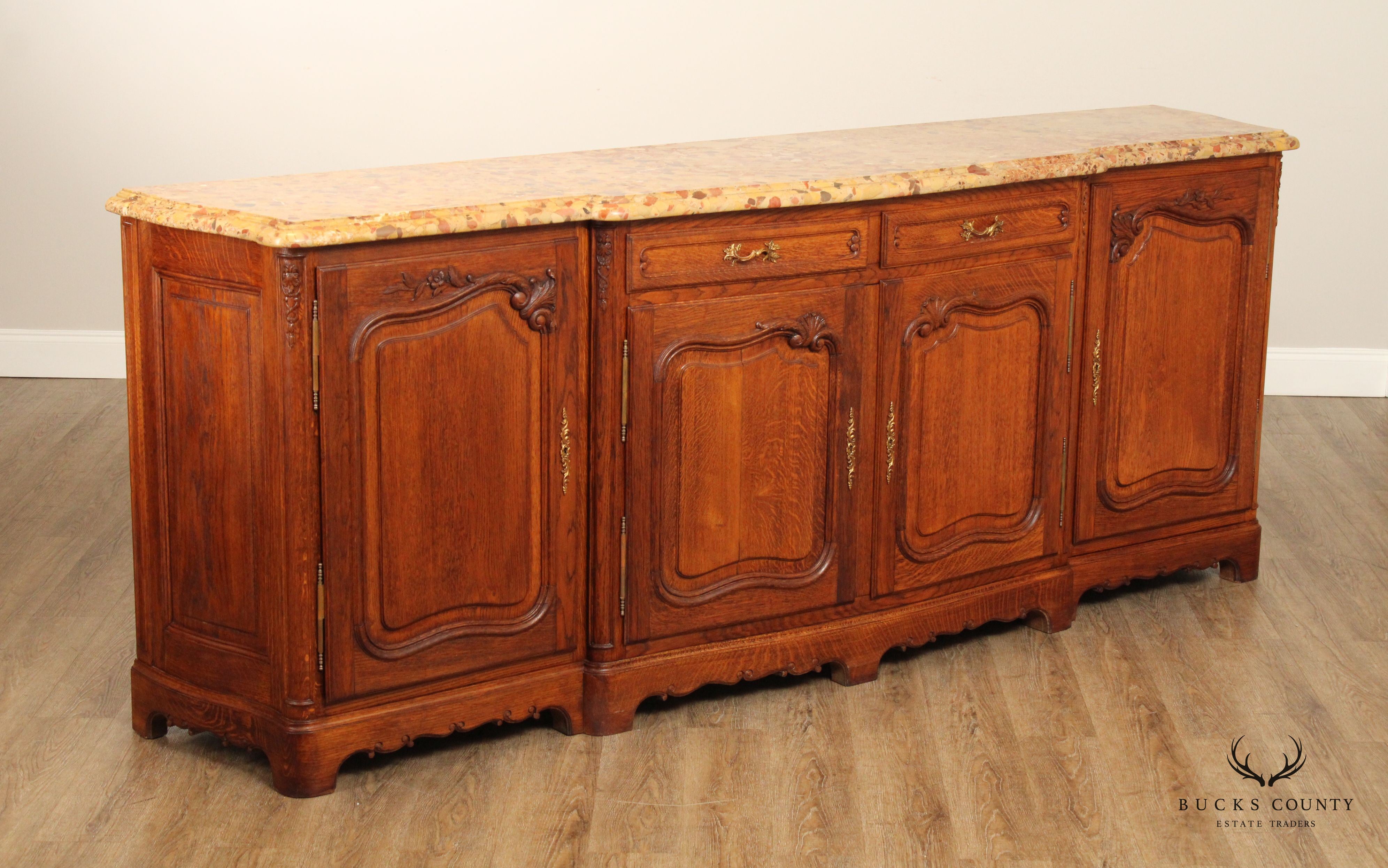 Antique French Louis XV Style Breccia Marble Top Long Oak Sideboard