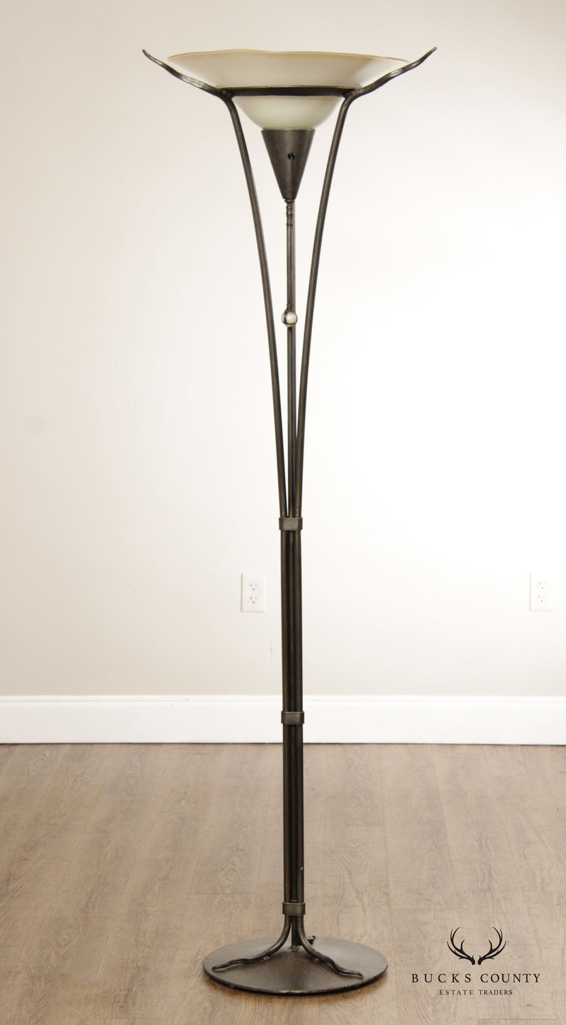 Art Deco Style Hand Forged Iron Torchiere Floor Lamp