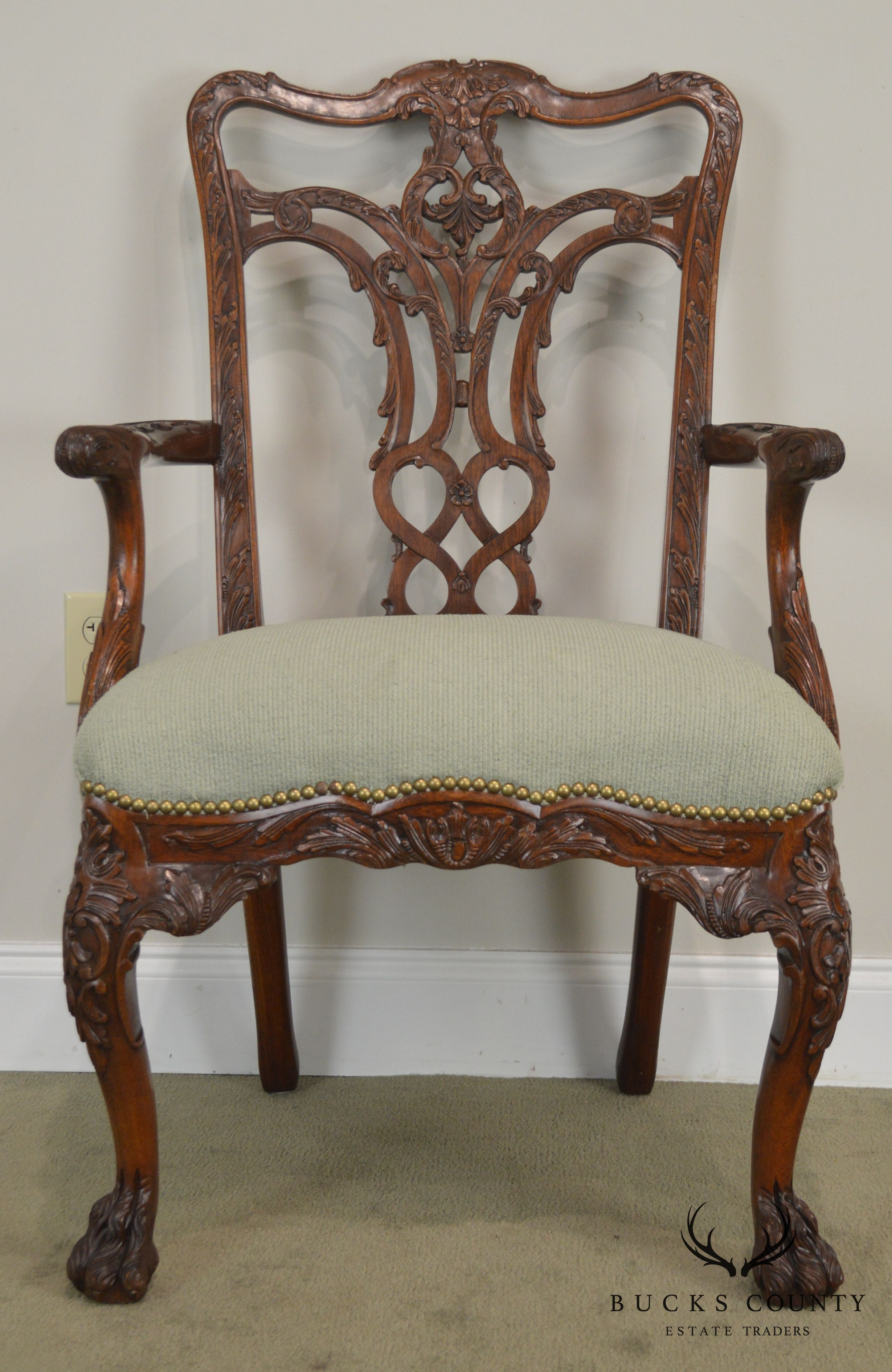 Georgian Style Carved Mahogany Arm Chair with Hariy - Paw Feet