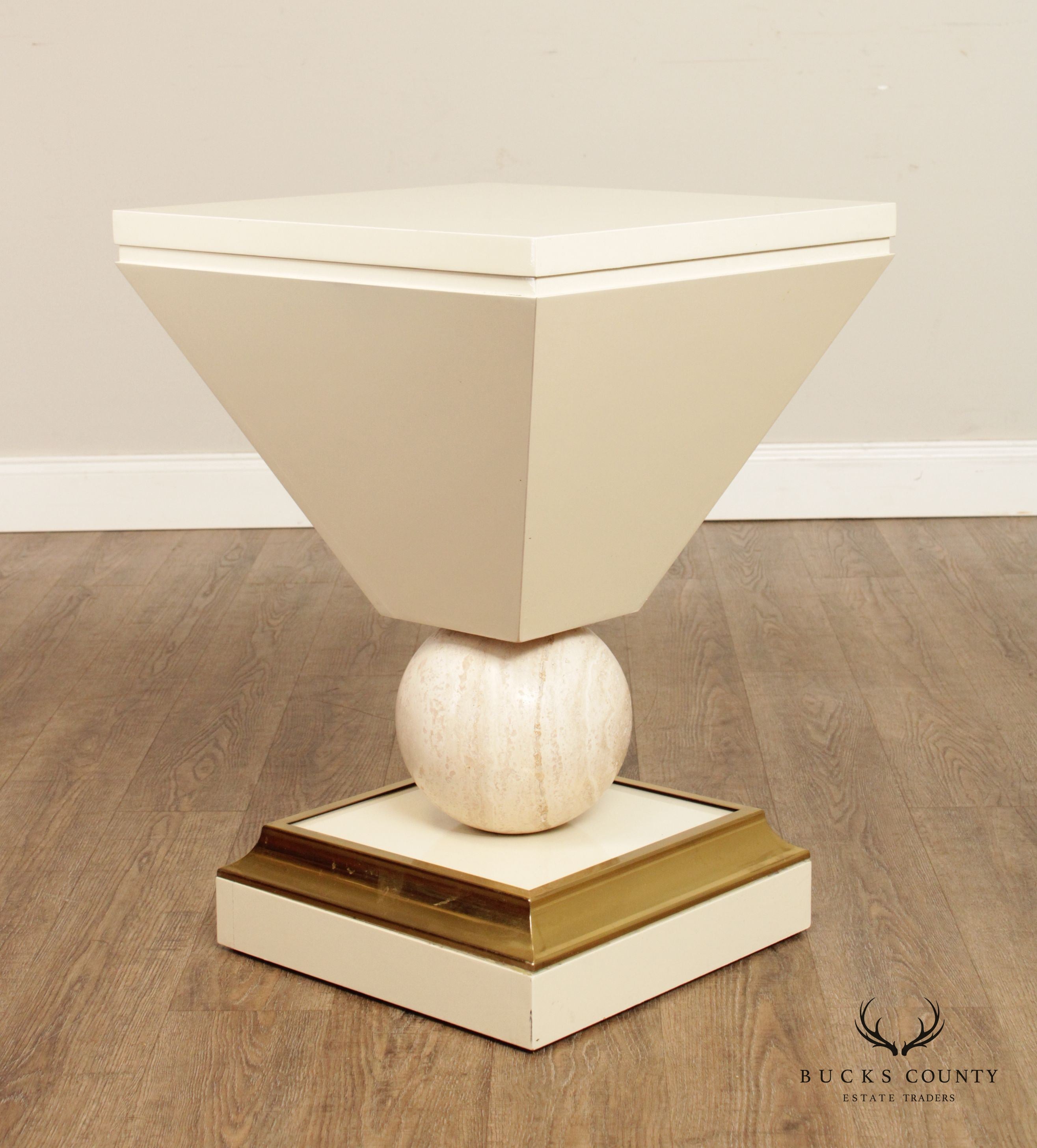 Post Modern Lacquered Pedestal Stand With Travertine Sphere