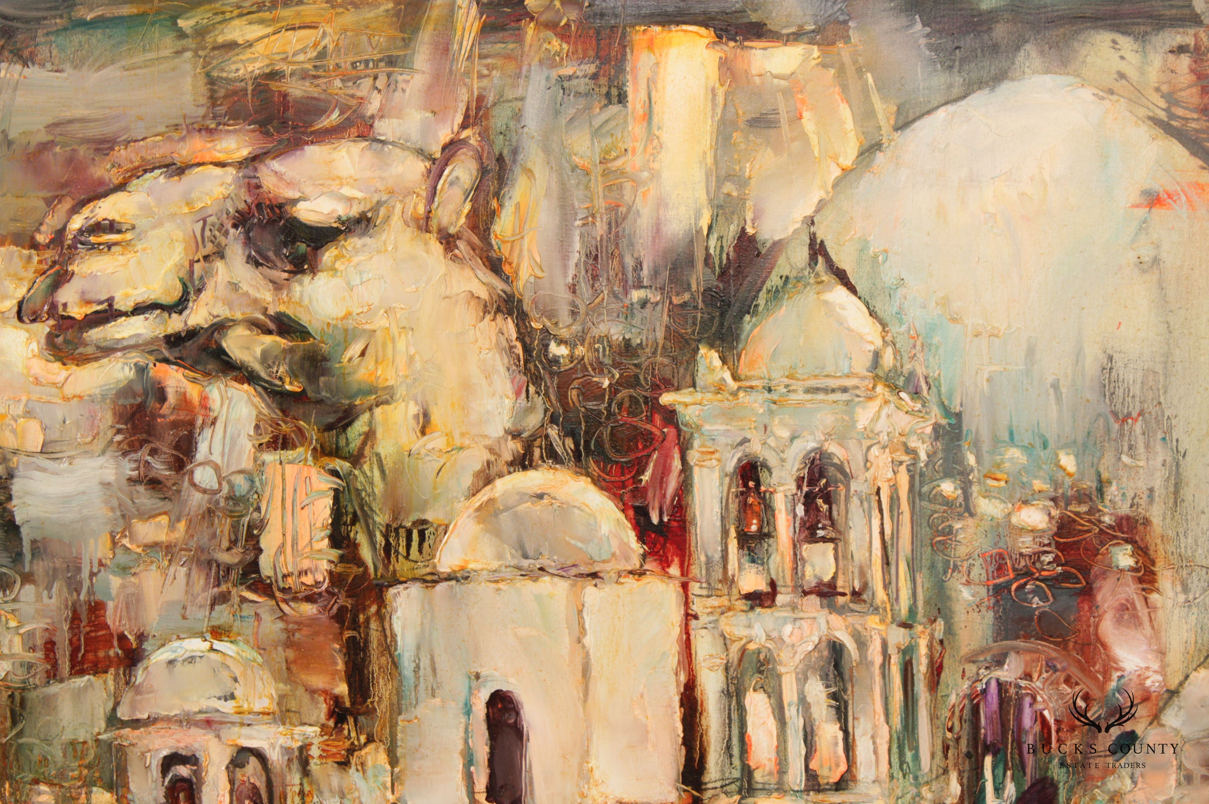 Vintage 20th C. Abstract Jerusalem Cityscape Original Painting, By Mark Tochilkin