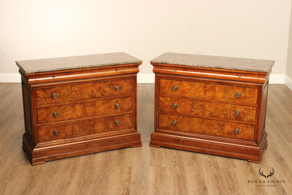 Ethan Allen Louis Philippe Style Pair of Burl Wood  Marble Top Commodes