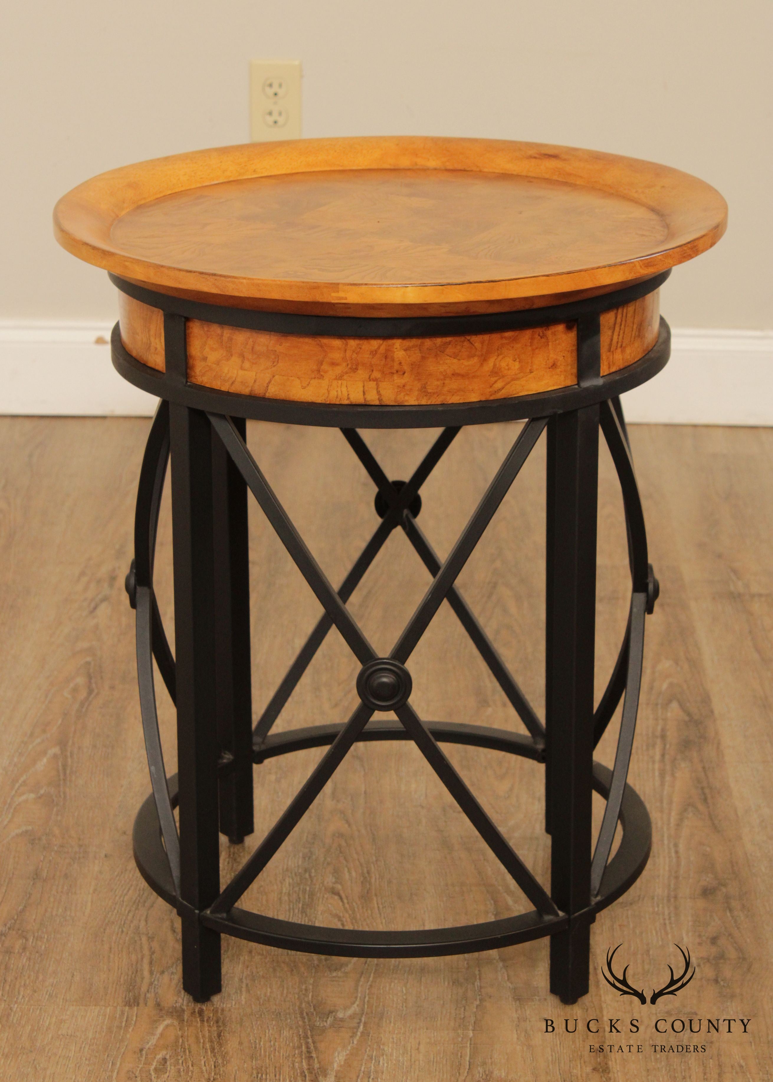 Round Iron and Burled Wood Pair Side Tables