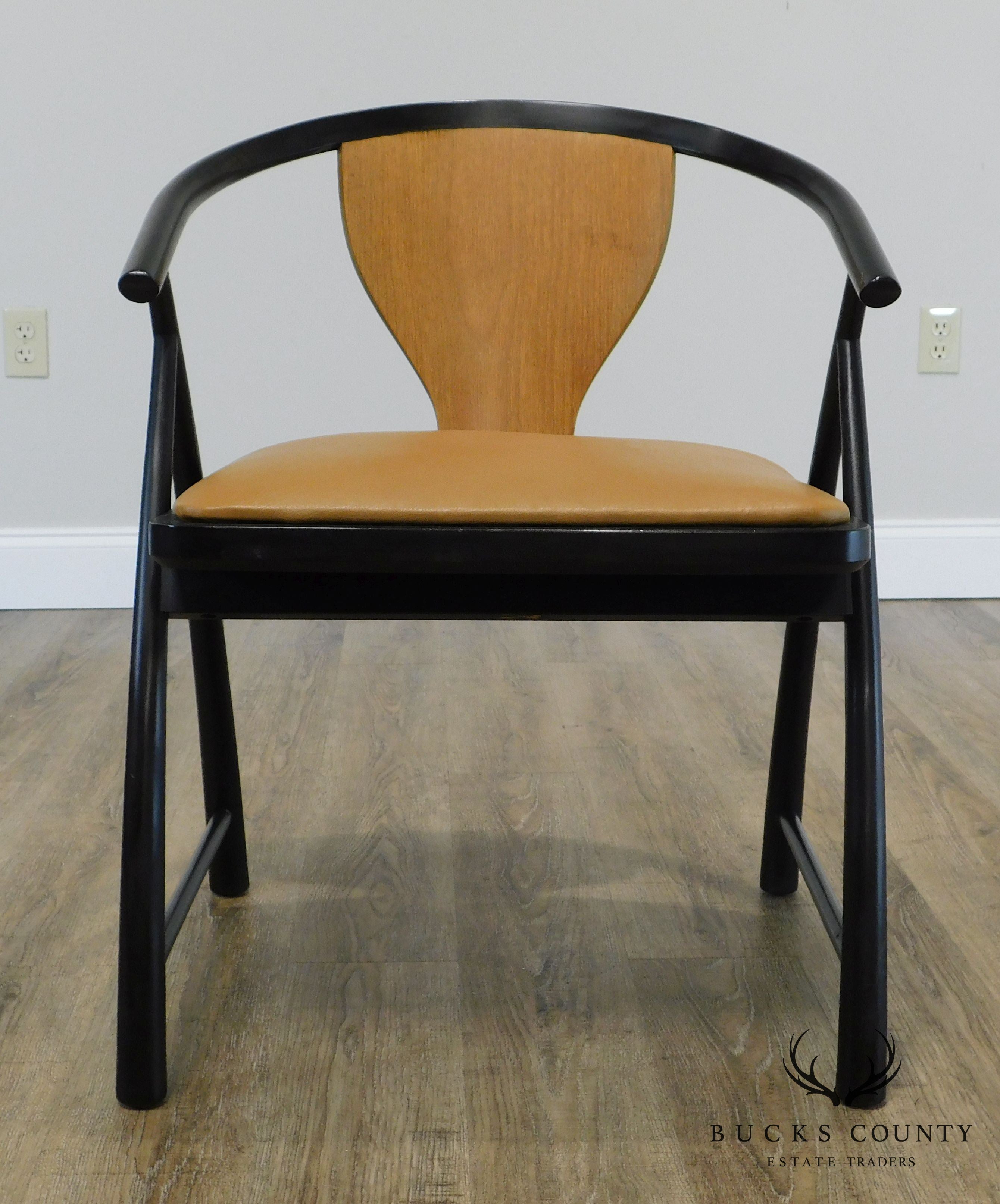 Baker Mid Century Modern Leather Seat Ebonized Armchair Attributed to Tommi Parzinger