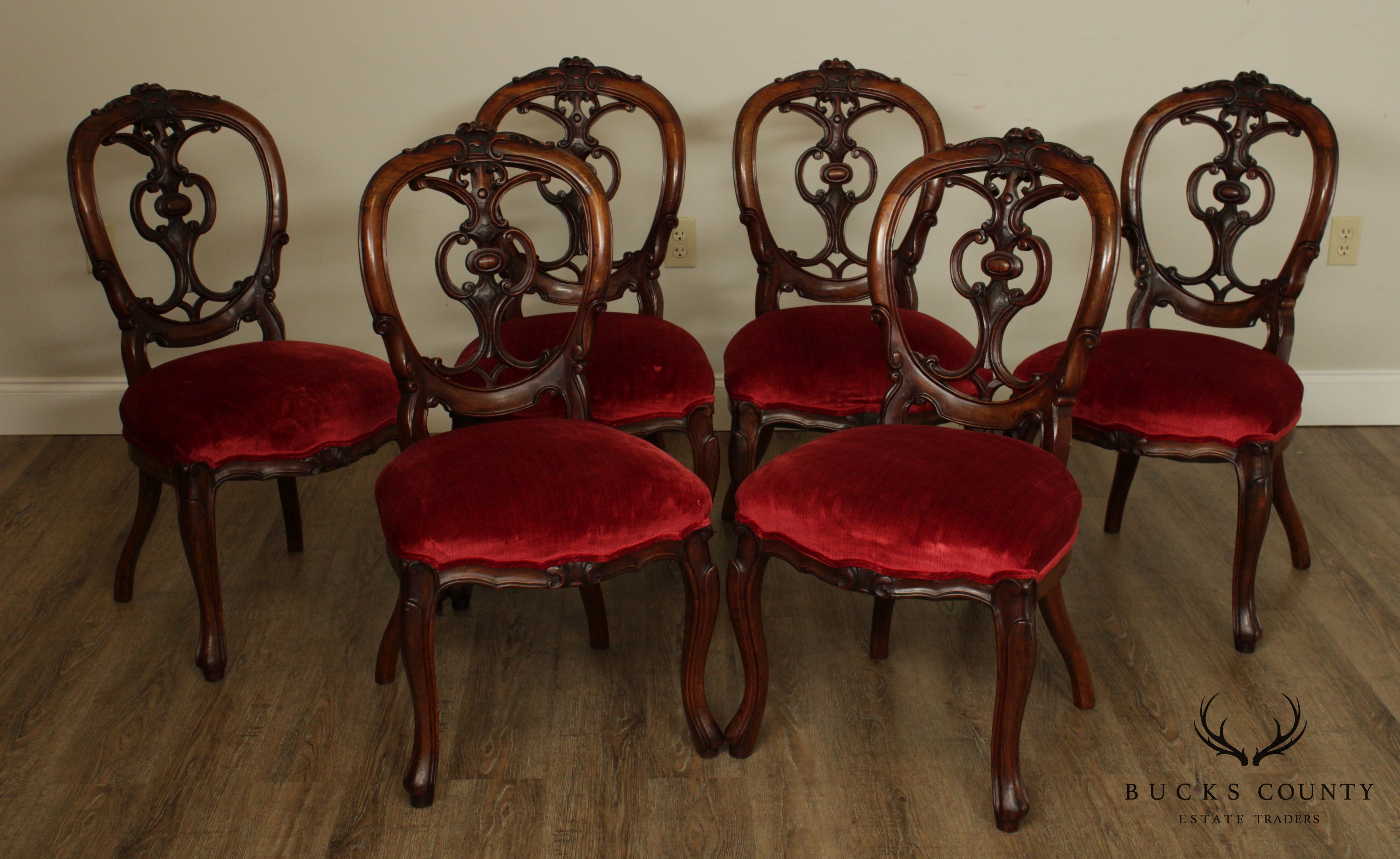 Antique Victorian Rococo Revival Set 6 Rosewood Side Dining Chairs