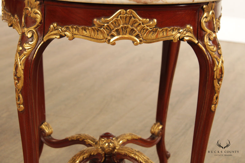 French Louis XV Style Pair of Round Marble Top Mahogany Side Tables