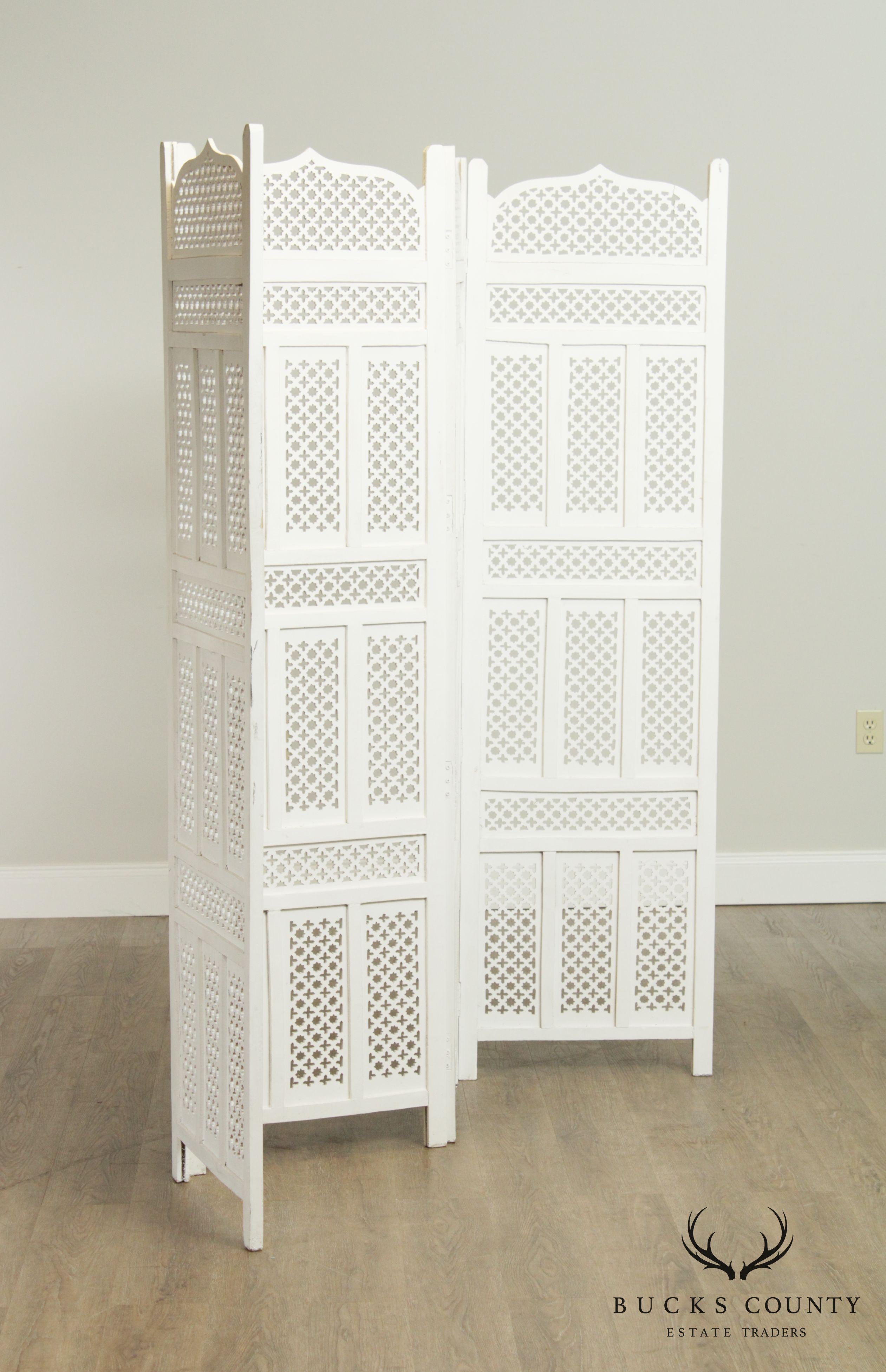 Hollywood Regency Middle Eastern Style White Painted 4 Panel Room Divider