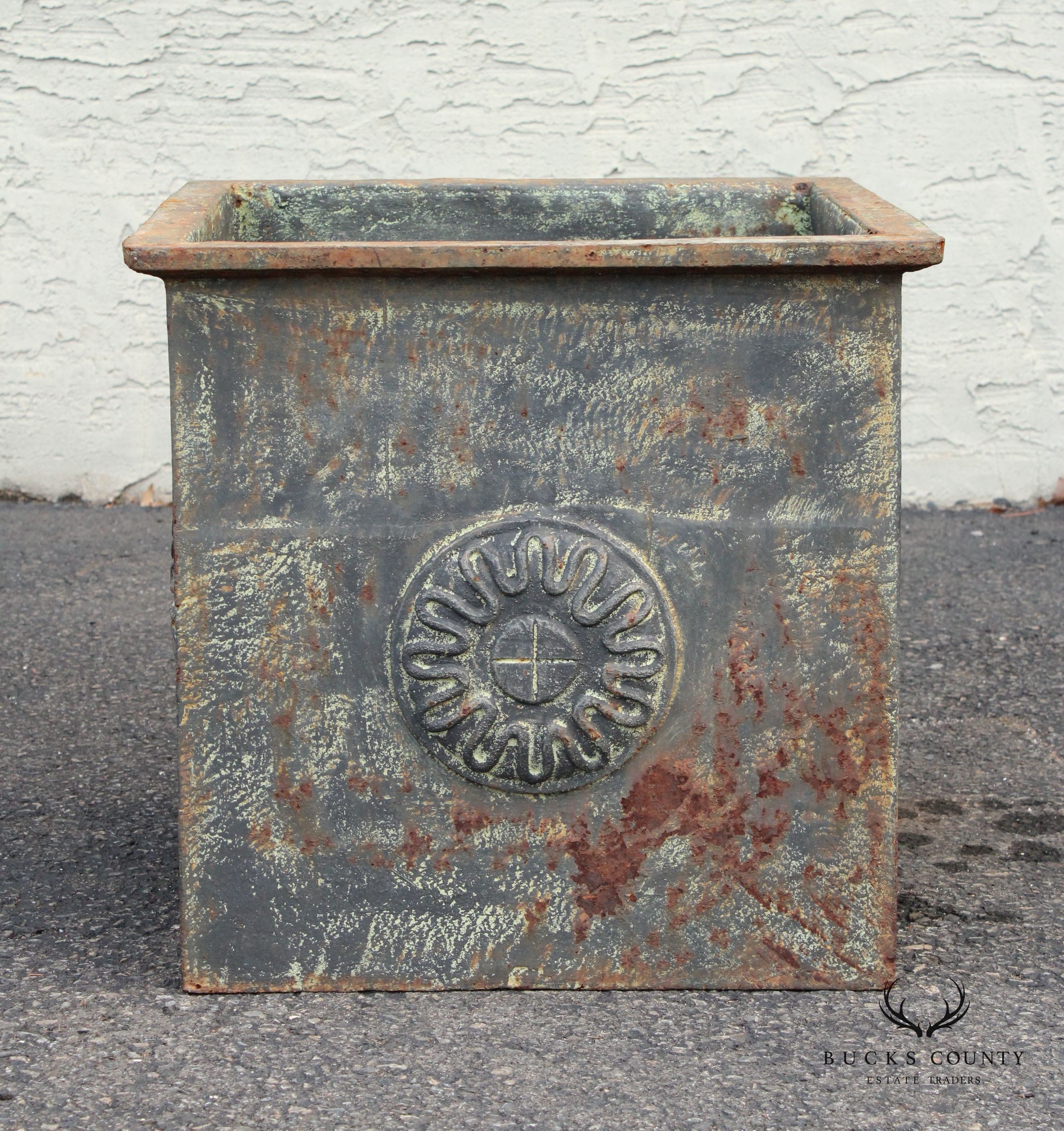 French Industrial Style Pair Of Large Cast Iron Square Garden Planter Box