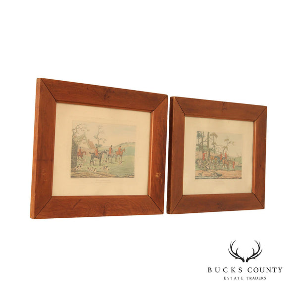 Antique English Pair of Fox Hunting Etchings, Custom Framed