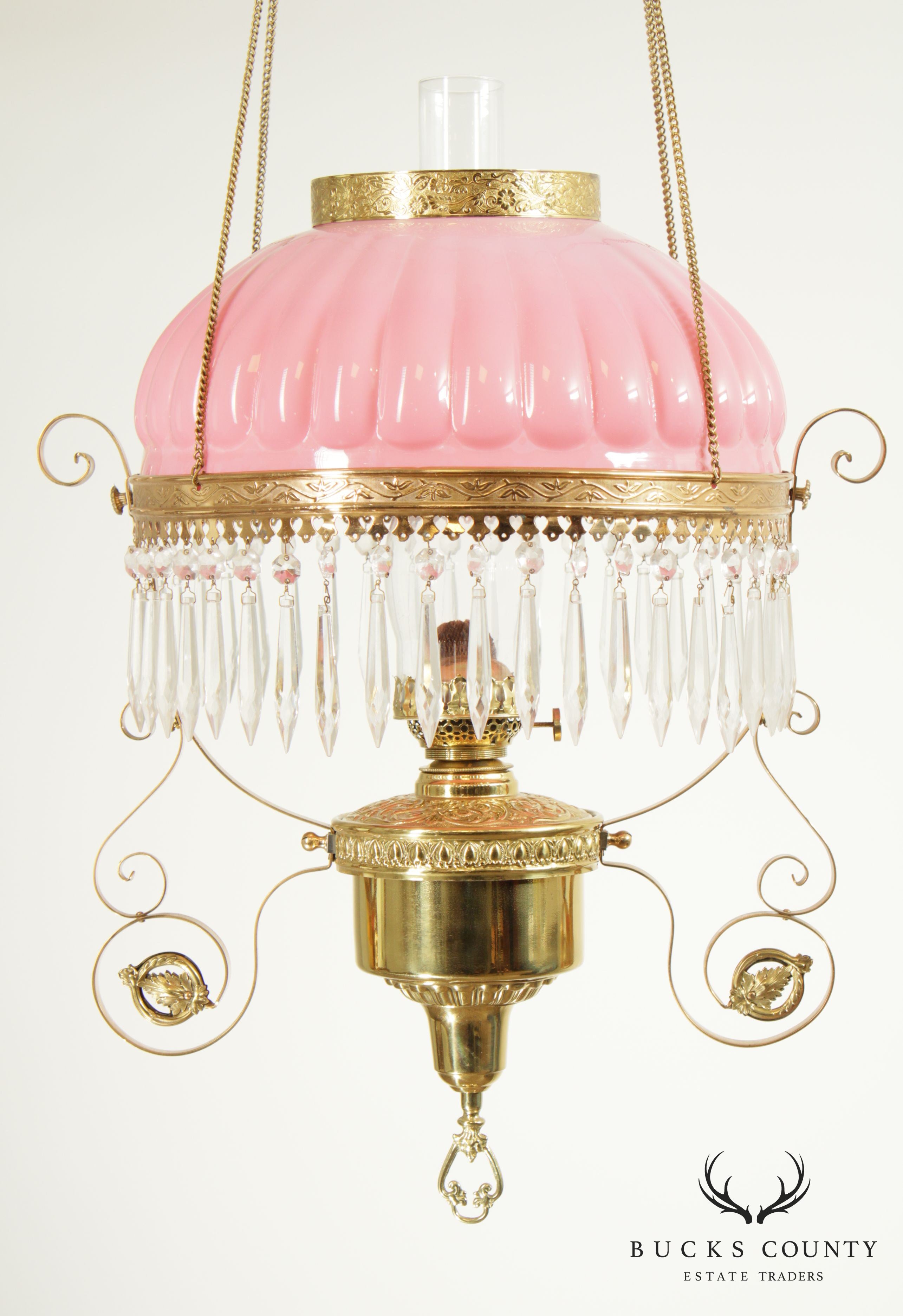 Rochester Antique Victorian Brass Hanging Oil Lamp Chandelier, Pink Glass Shade