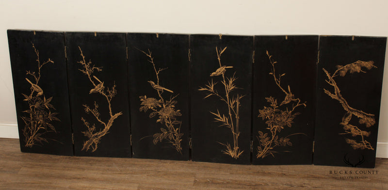 Vintage Chinese Lacquered Chinoiserie Decorated Six-Panel Screen