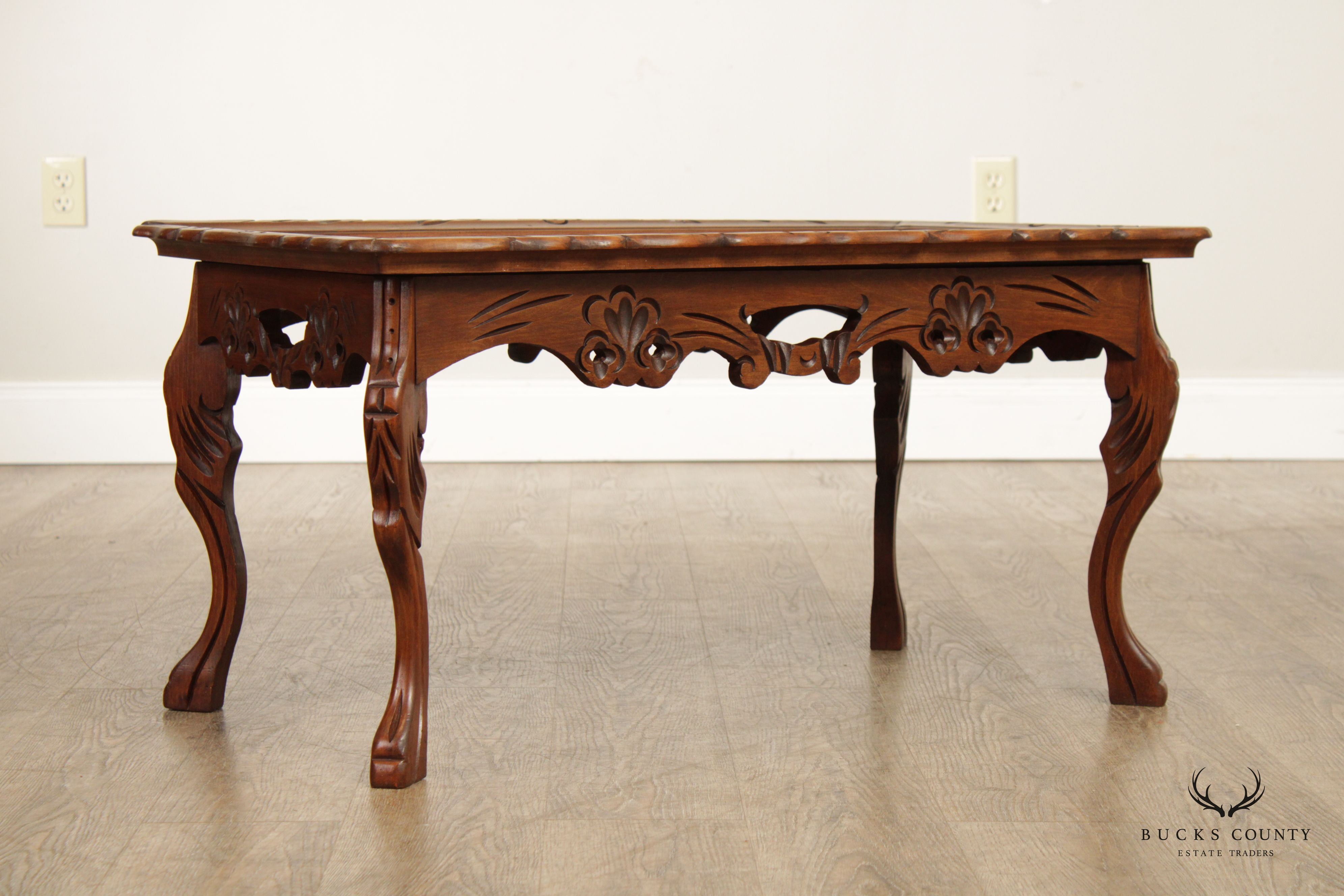 French Style Vintage Glass Top Carved Walnut Coffee Tray Table