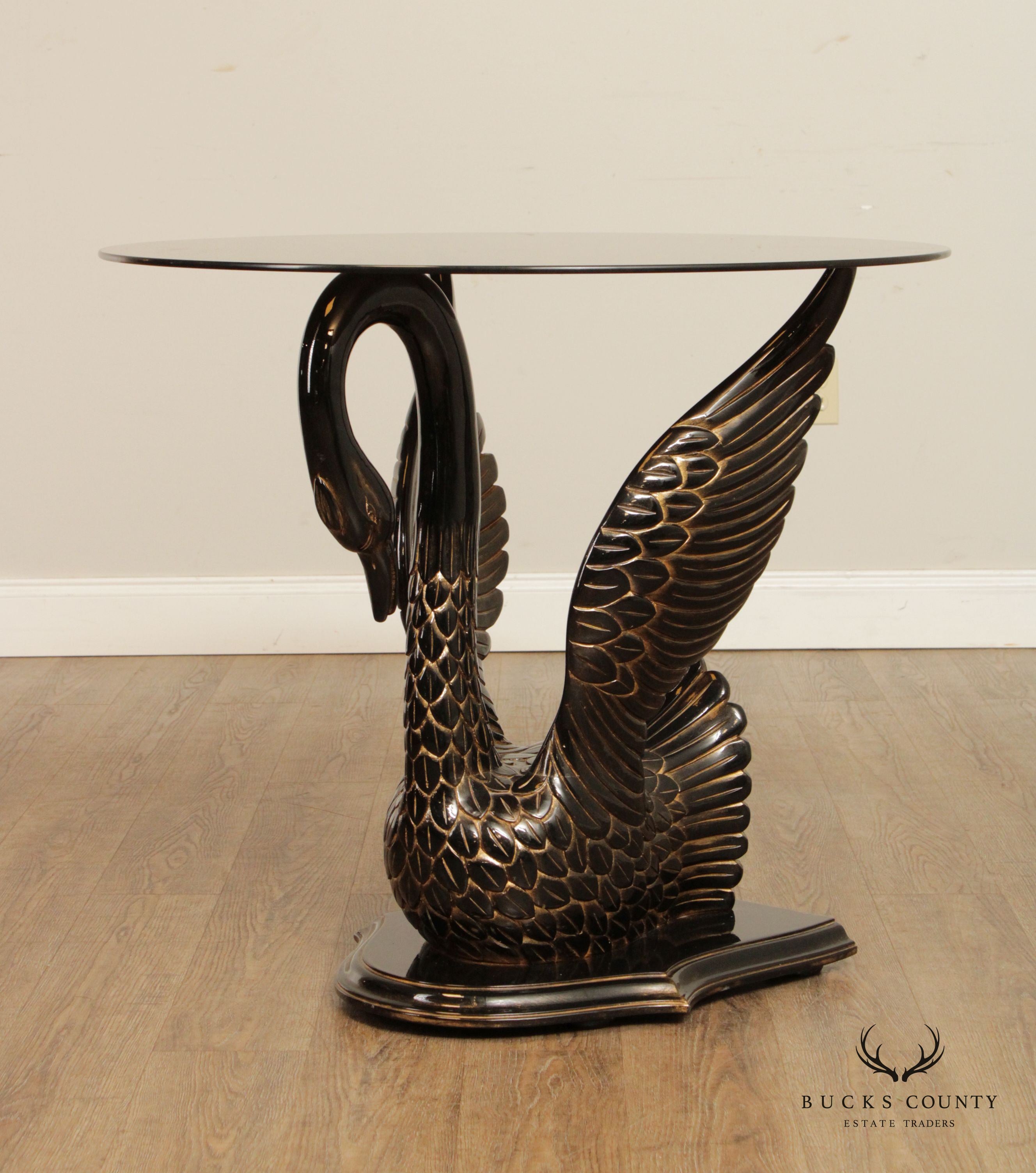 Italian Carved and Painted Wood Black Swan Glass Top Center Table