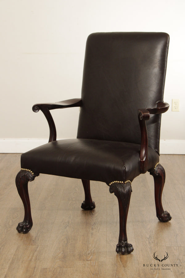 Antique 18th C. Irish Chippendale Carved Mahogany Leather Armchair