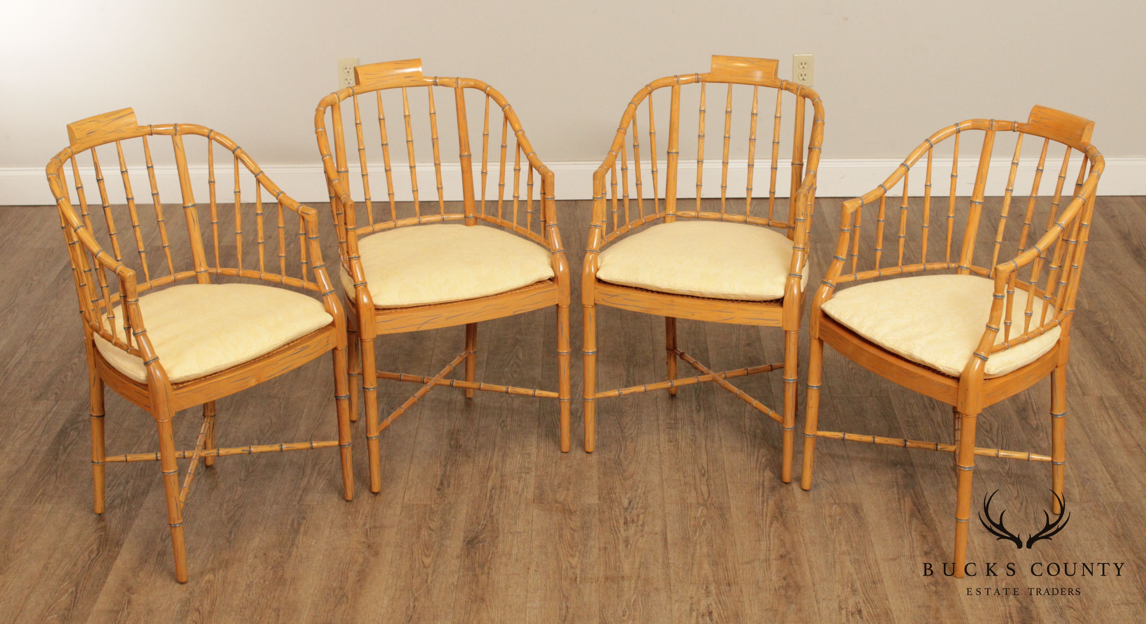 Regency Style Custom Quality Set of 4 Faux Bamboo Armchairs