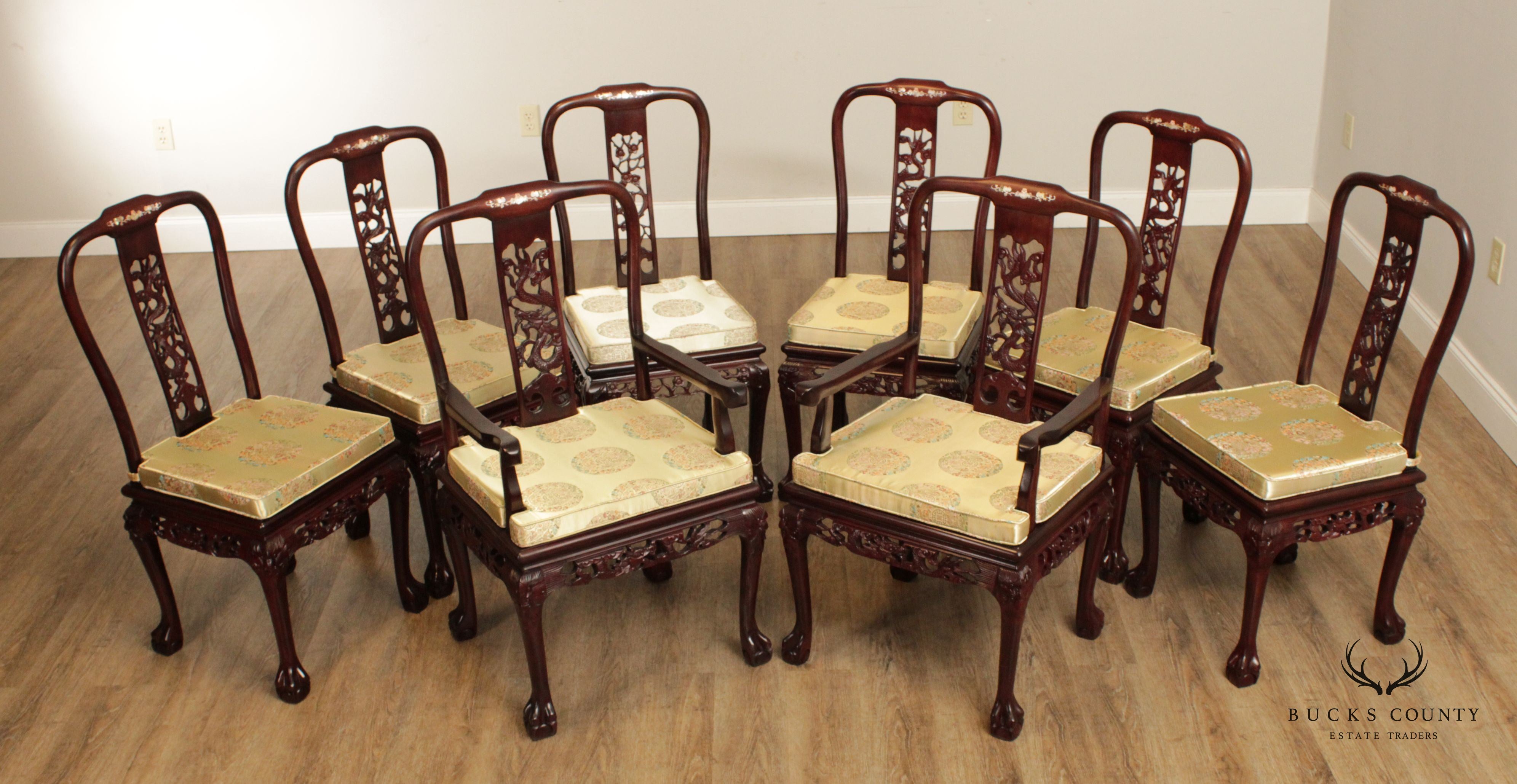 Chinese Rosewood Mother of Pearl Inlaid Dragon Carved Set of 8 Dining Chairs