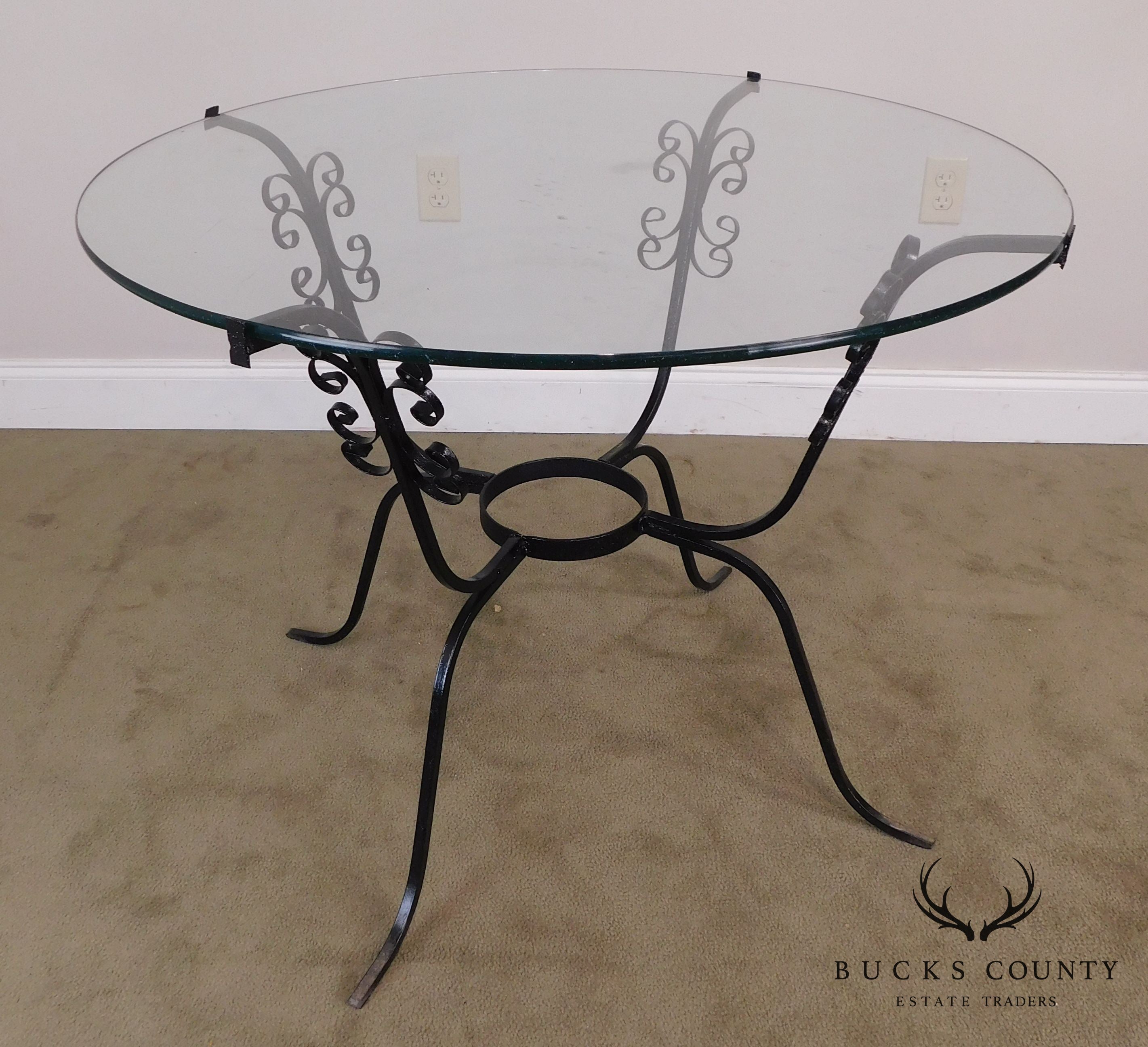 Vintage Black Scrolled Wrought Iron Round Glass Top Table