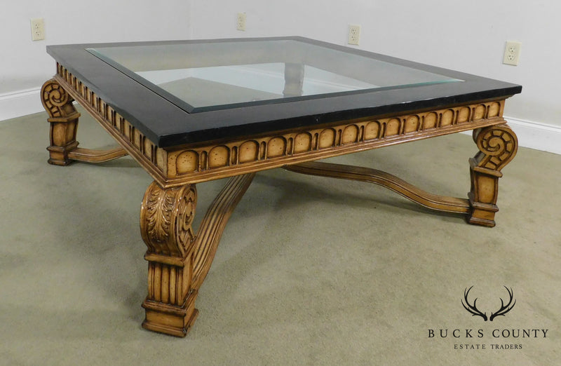 Quality Renaissance Style Tessellated Mandle, Beveled Glass Carved Coffee Table