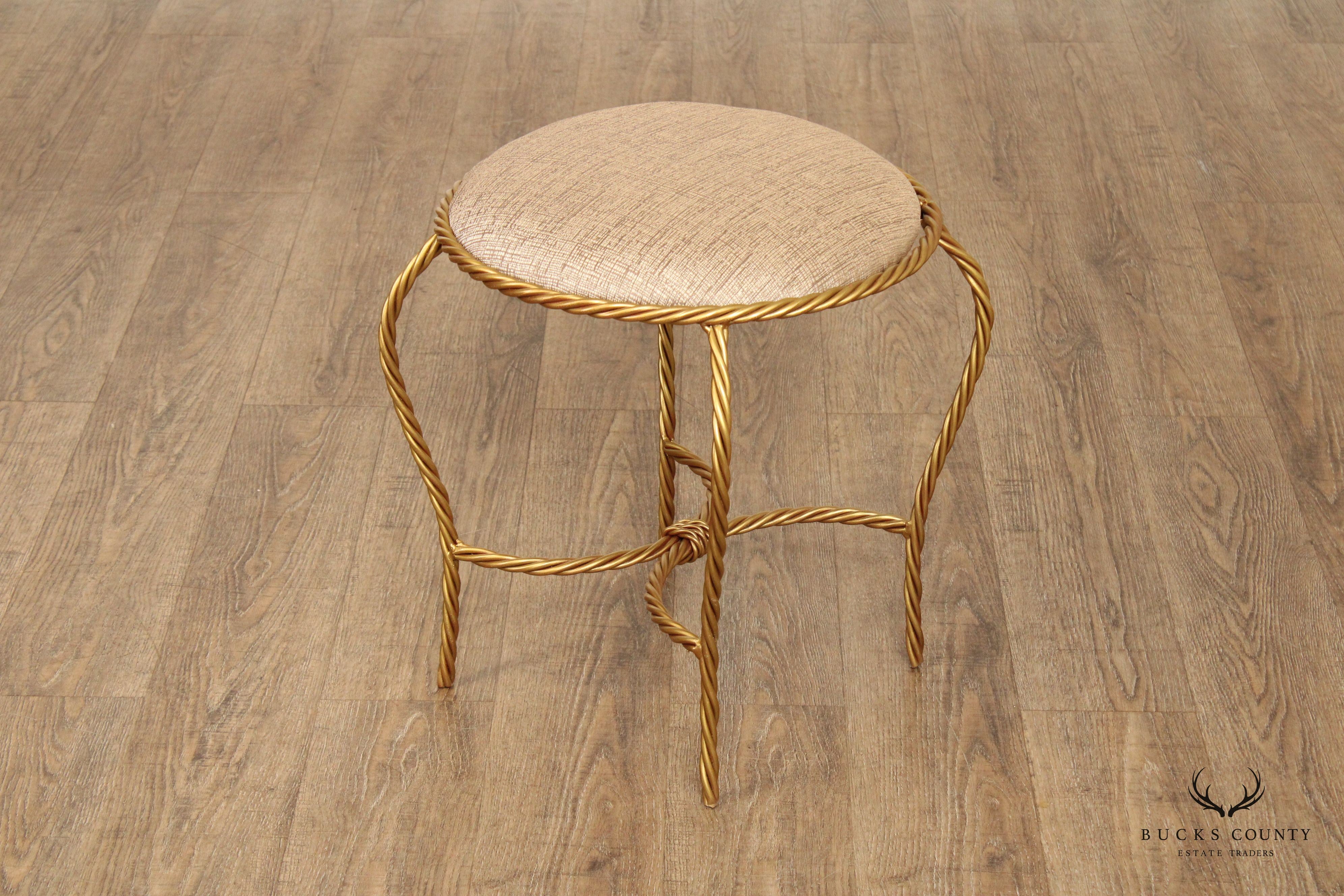 Hollywood Regency Pair of Gilt Metal Rope Twist Stools