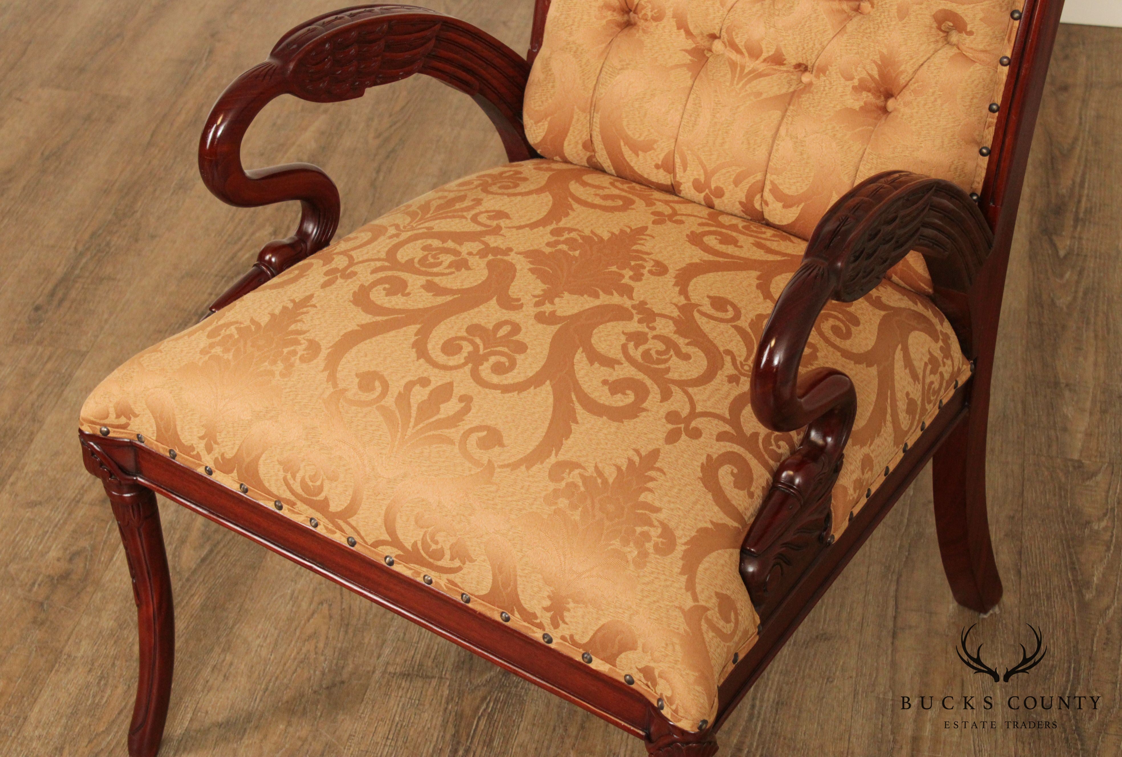 French Regency Style Pair Carved Mahogany Frame Armchairs