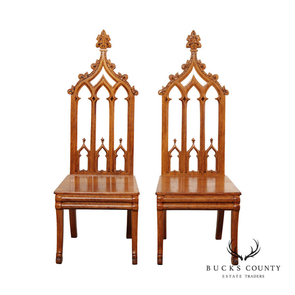 Antique Gothic Revival Pair of Carved Oak Side Chairs