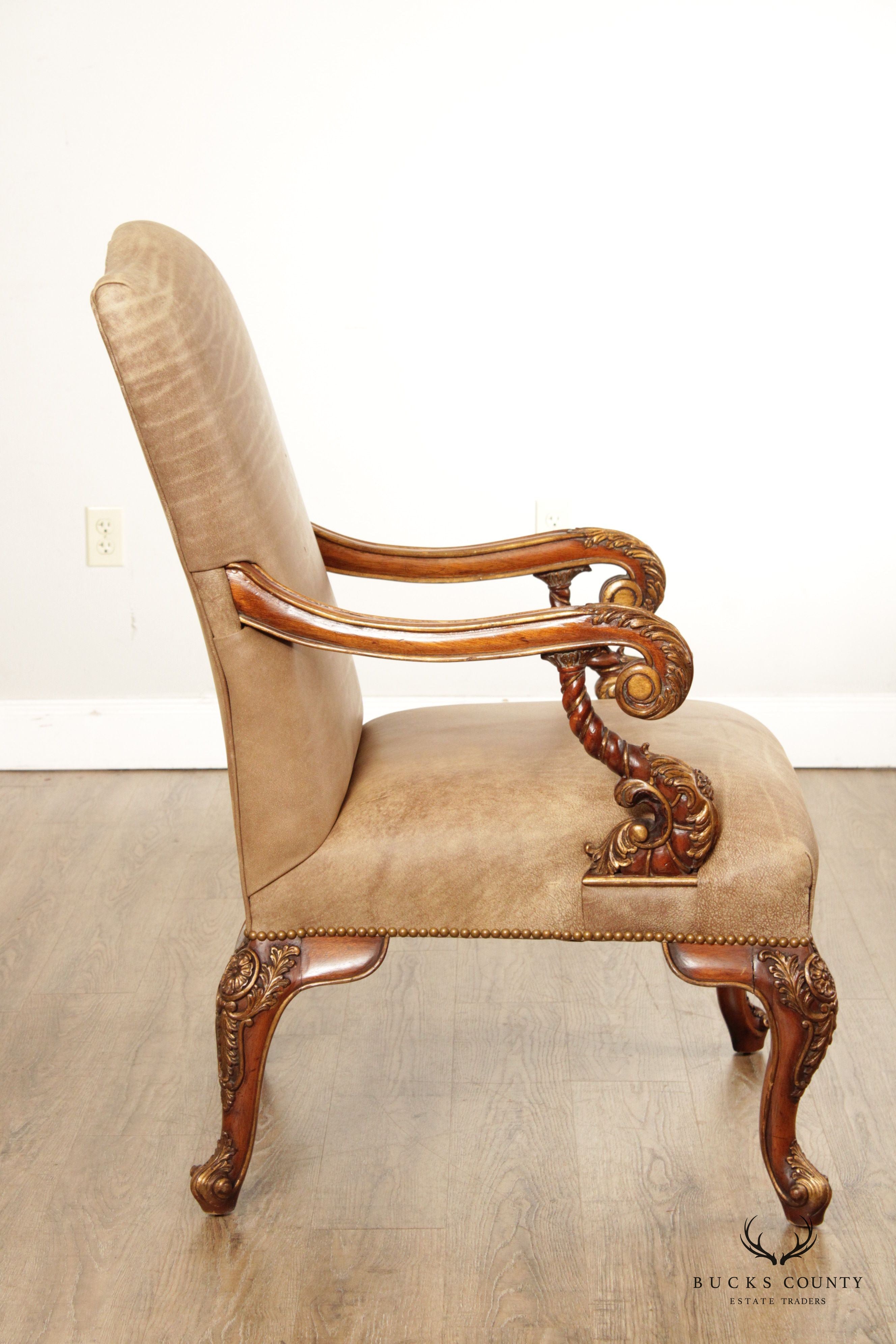 Italian Rococo Style Leather and Partial Gilt Armchair