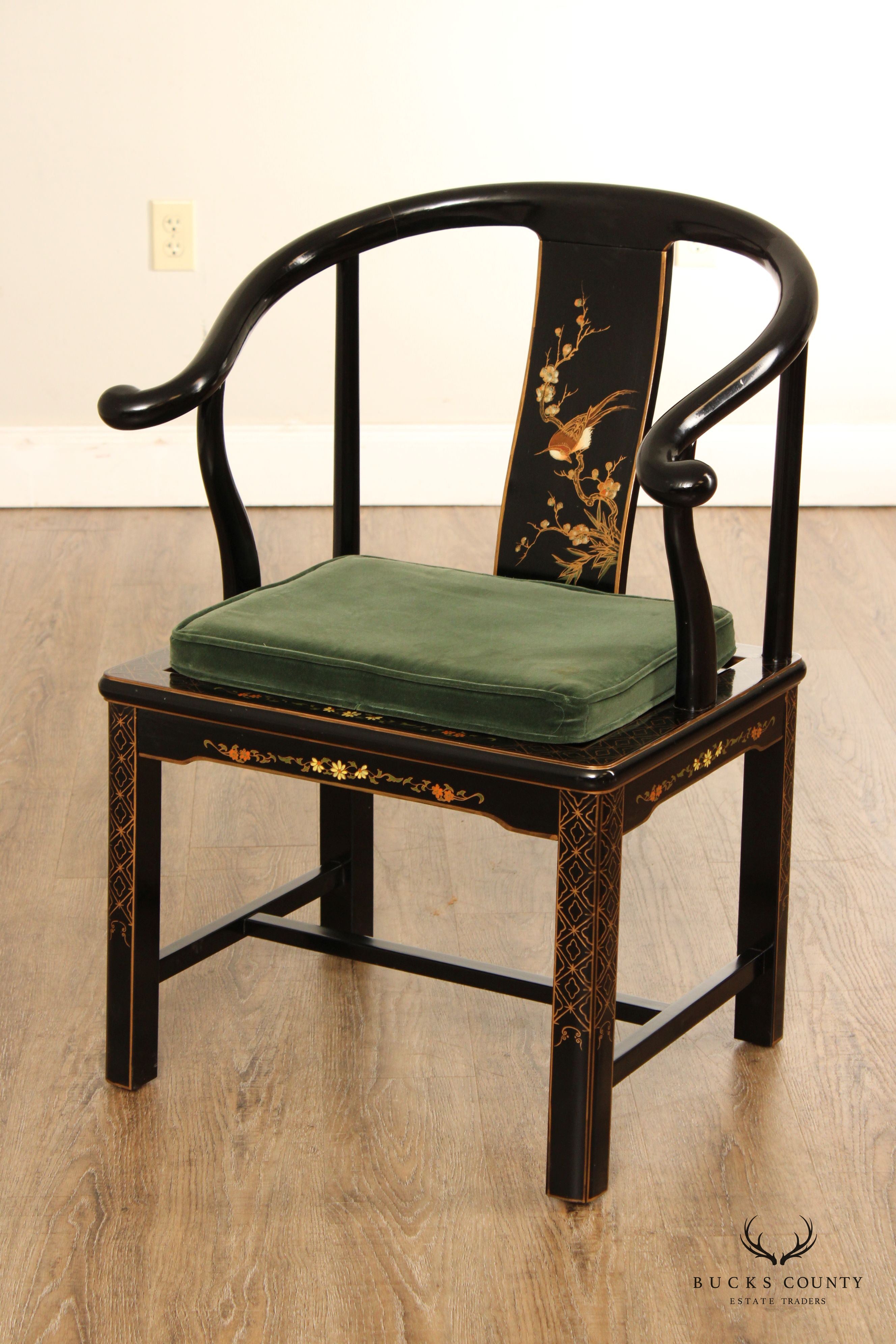 Traditional Chinese Style Pair of Horseshoe Back Armchairs