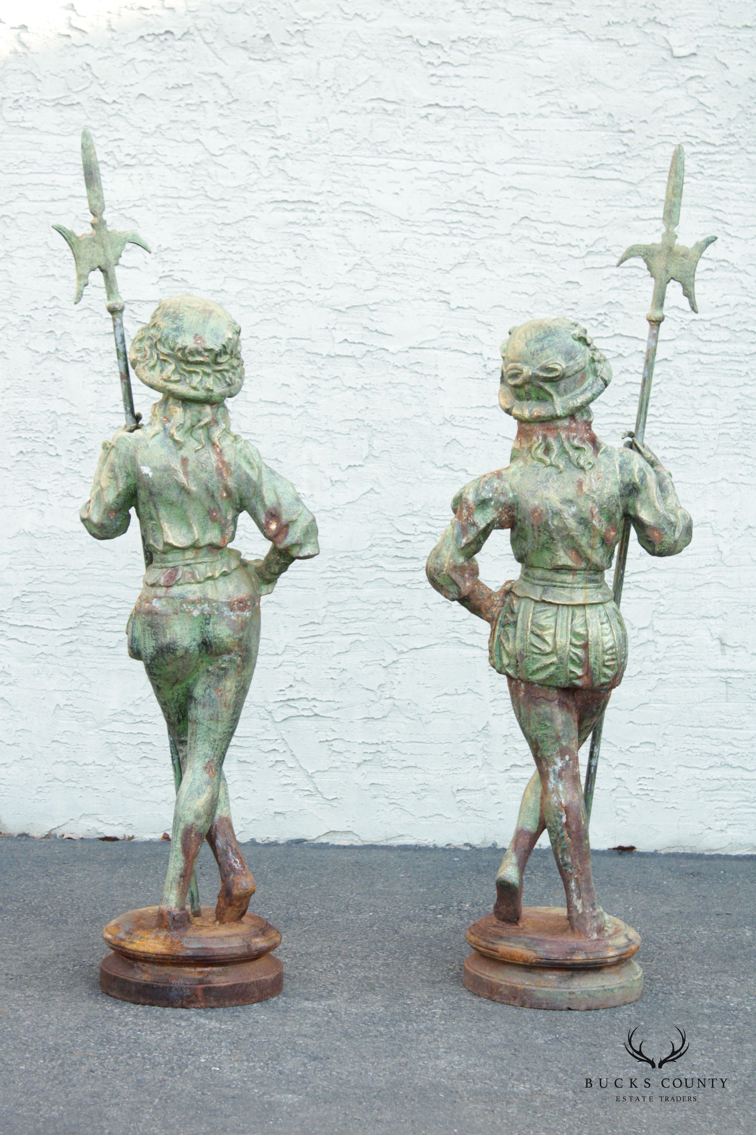 French Renaissance Style Pair Verdigris Cast Iron Garden Statues