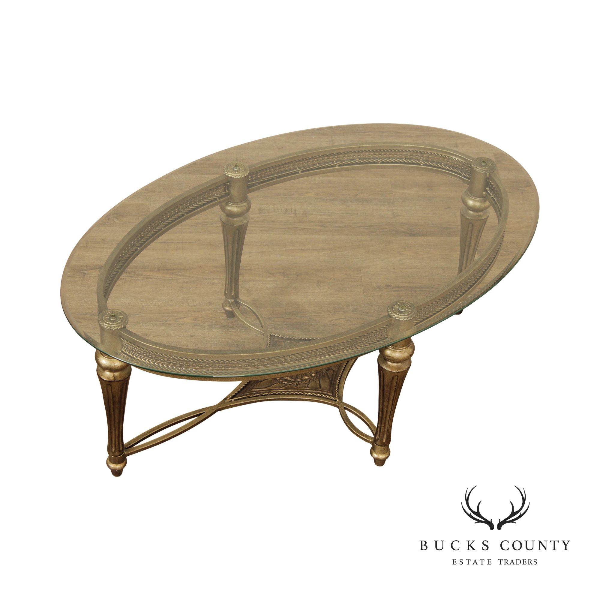 Neoclassical Style Oval Iron and Glass Cocktail Table