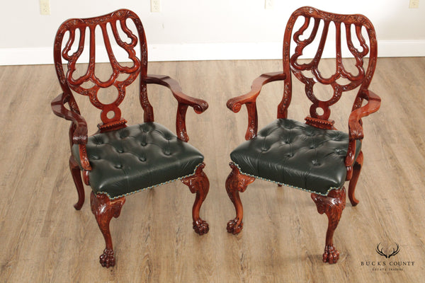 Georgian Style Pair of Carved Mahogany and Green Leather Armchairs
