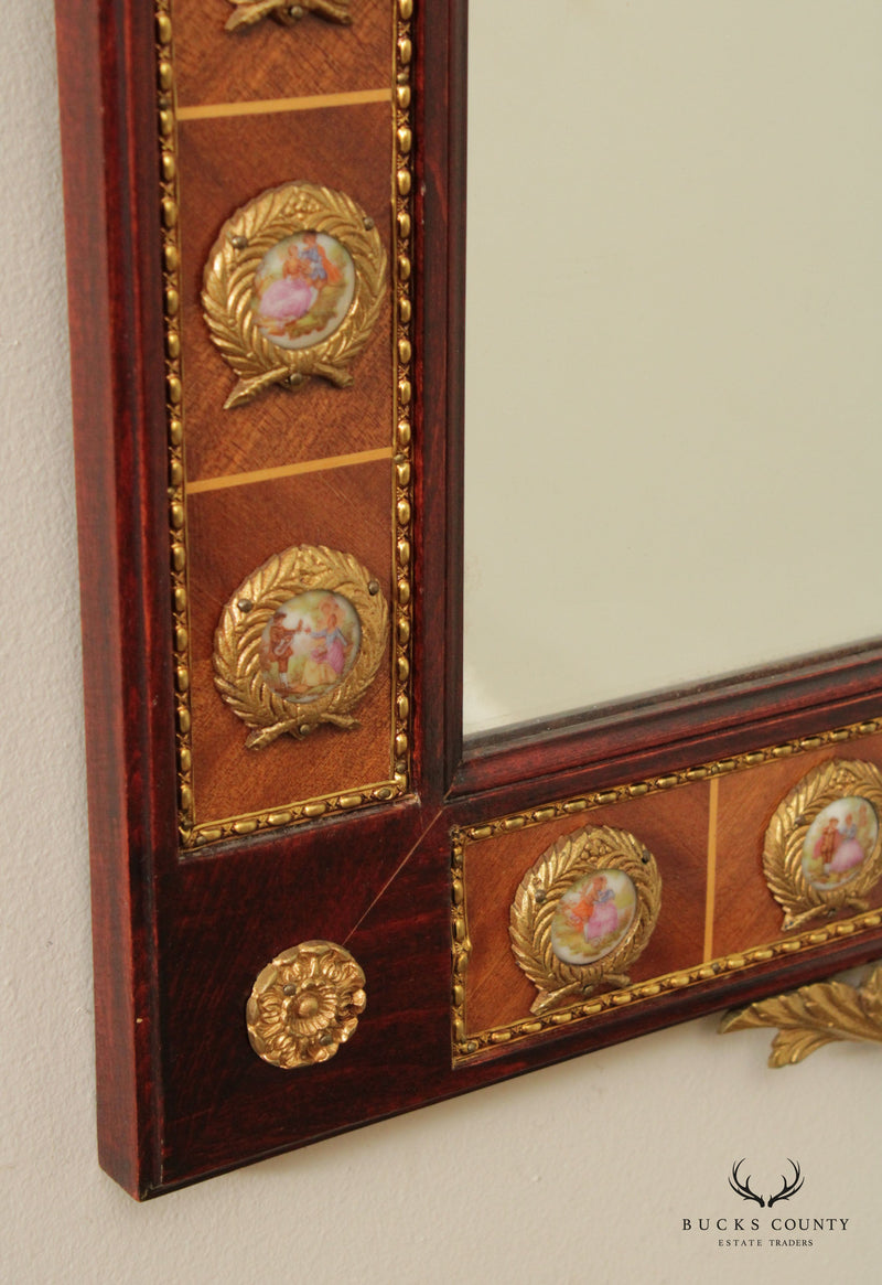 Italian Louis XV Neoclassical Style Mahogany and Brass Console Mirror With Porcelain Plaques
