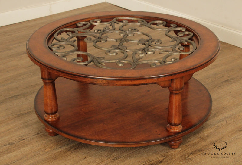 Rustic European Style Wood and Glass Top Iron Scroll Round Cocktail Table