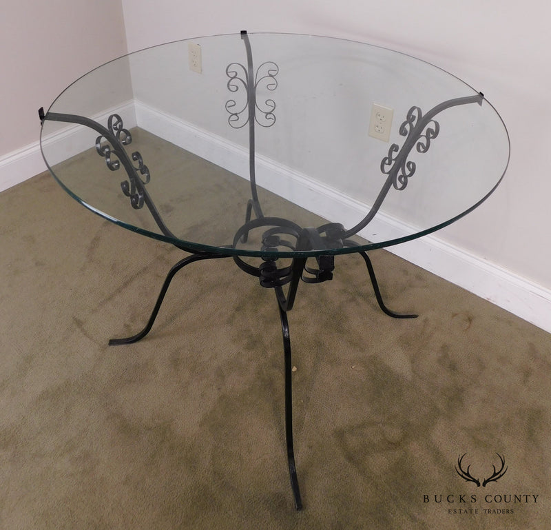 Vintage Black Scrolled Wrought Iron Round Glass Top Table