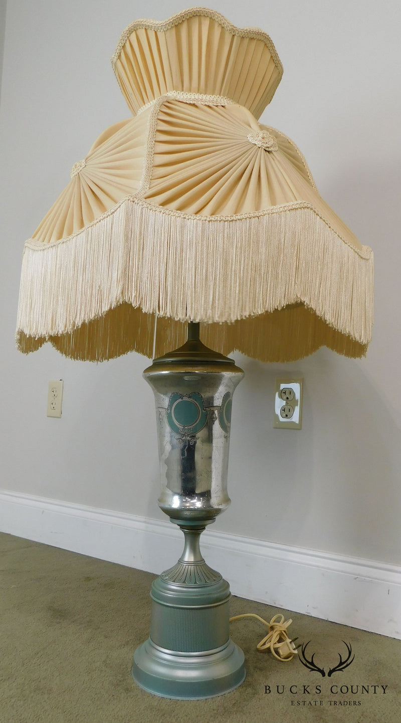 Hollywood Regency 1950's Silver & Teal Eglomisé Urn Table Lamps