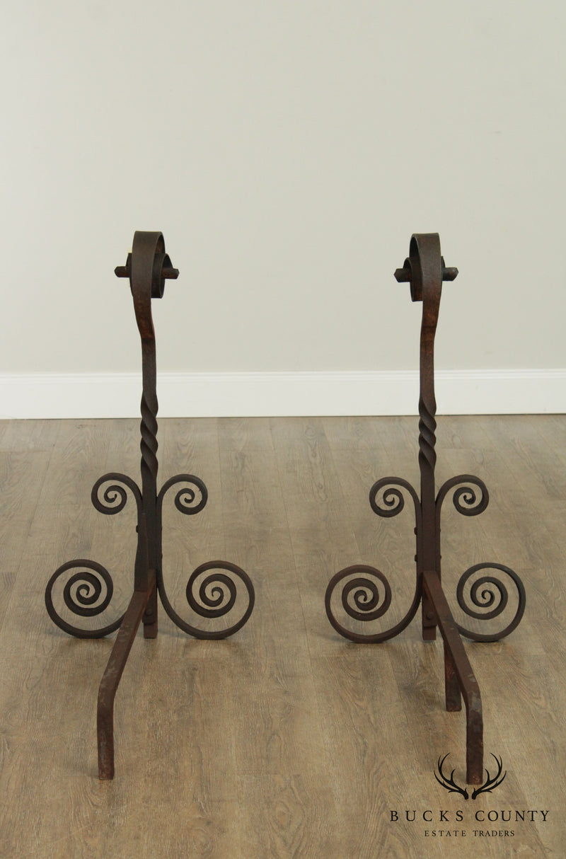 Vintage Hand Forged Iron Pair Andirons
