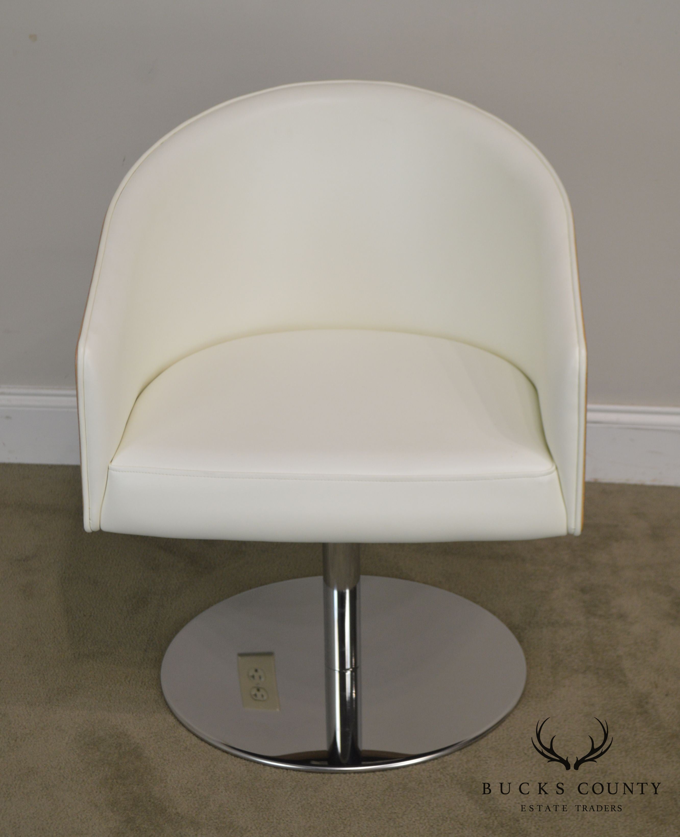 White Leather & Zebra Wood Barrel Back Chrome Pedestal Swivel Lounge Chair