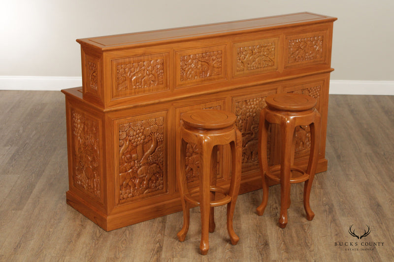 Hand Carved Solid Teak Bar and Pair of Bar Stools