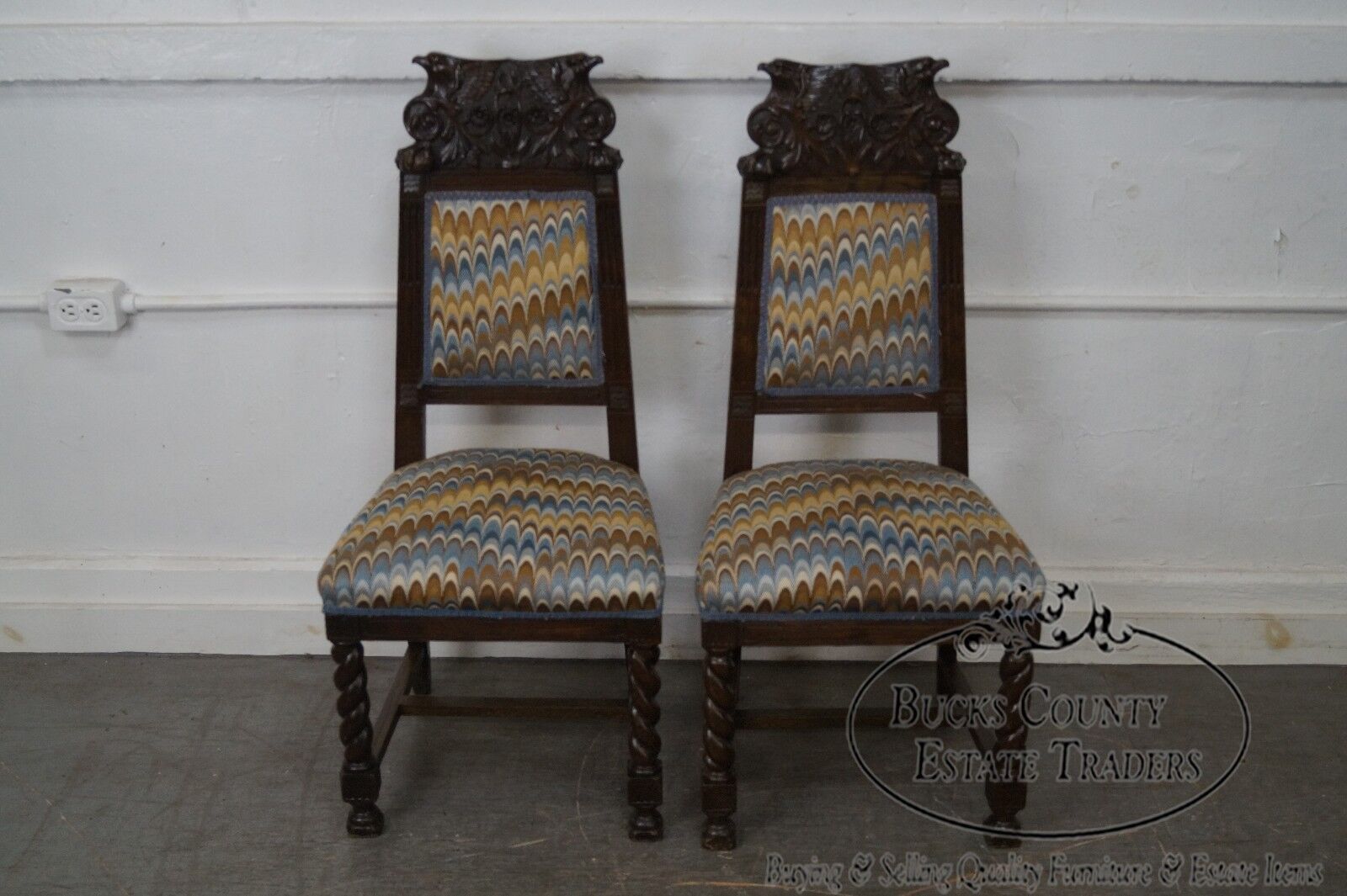 Antique 19th Century Carved Eagle Barley Twist Pair of Side Chairs (A)